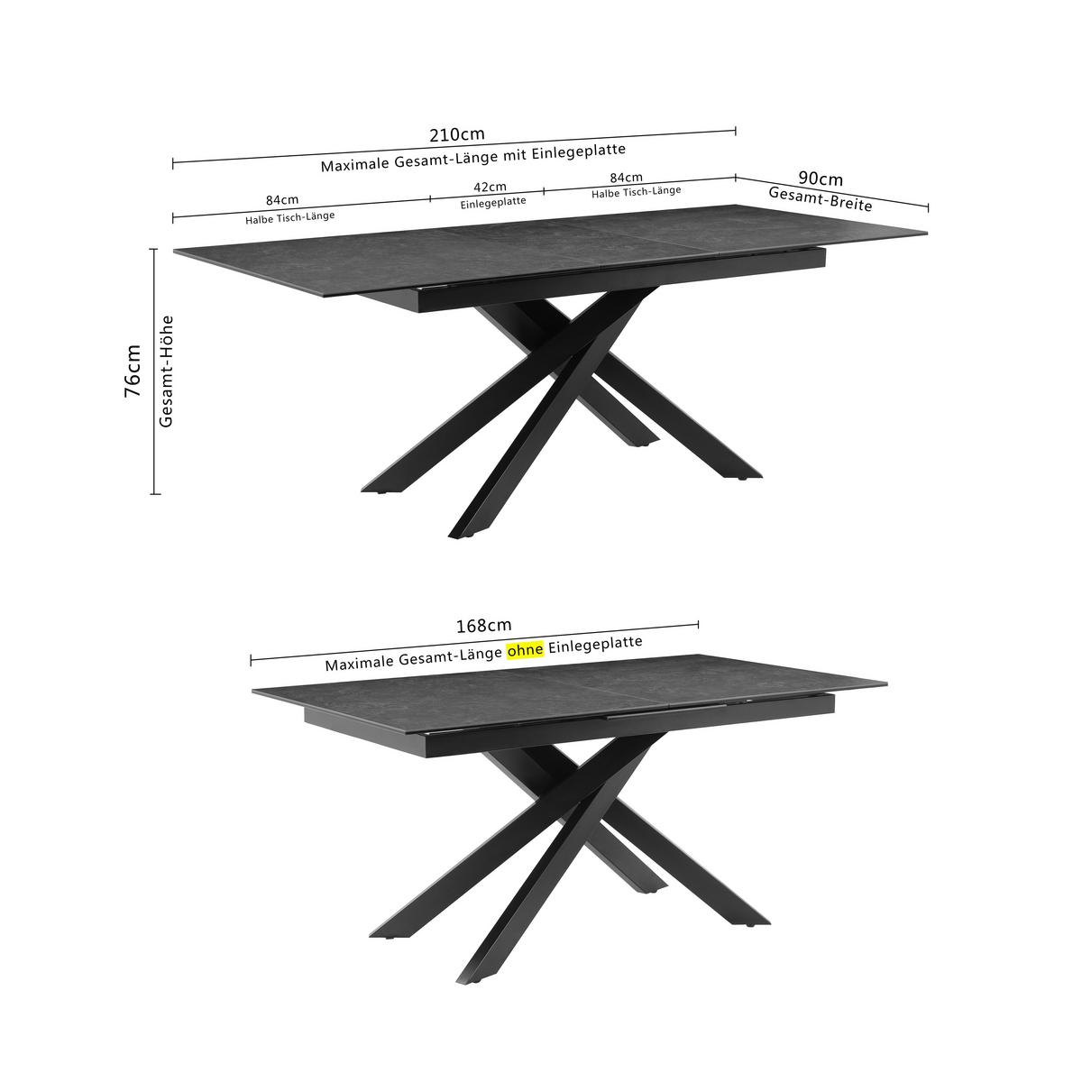 Esstisch Lotus Grau/Schwarz L: 168-210 cm - Schwarz/Grau, MODERN, Glas/Keramik (168-210/90/76cm) - P & B