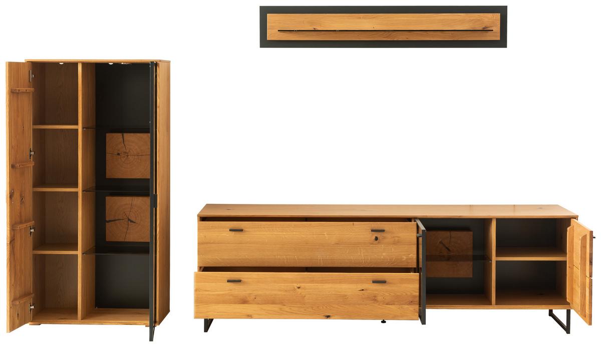 Wohnkombination Wildeiche Dekor Assini 3 -Teilig Wildeiche - Wildeiche/Schwarz, Design, Glas/Holz (306/188/50cm) - MID.YOU