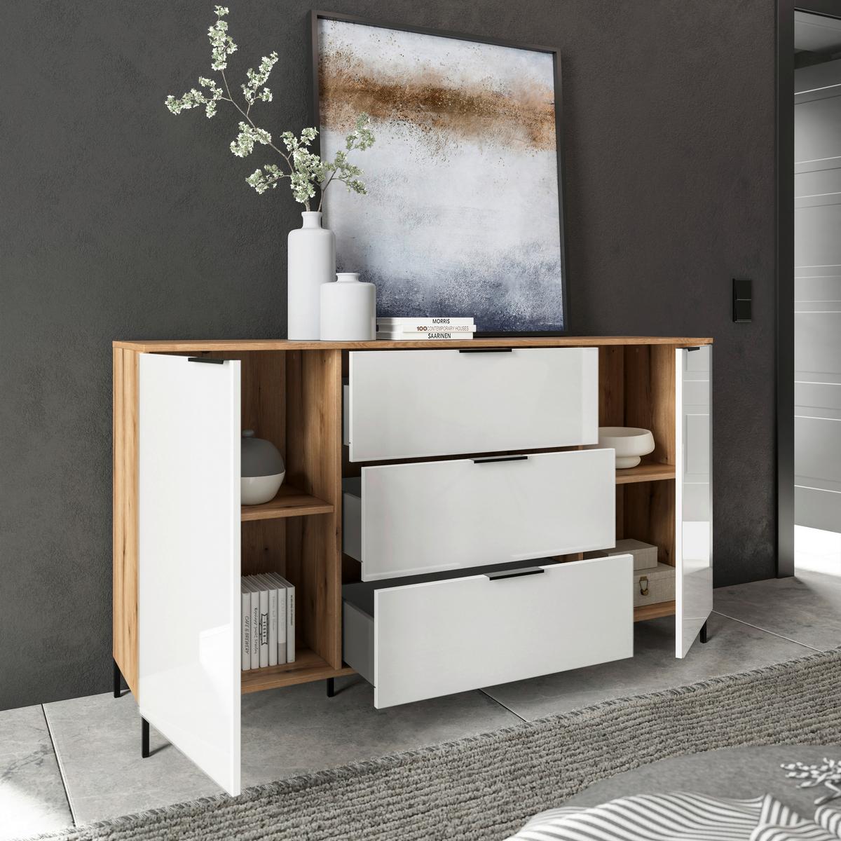 Sideboard Austin 160 cm Eichefarben/Glasfront Weiss - Eichefarben/Schwarz, Trend, Glas/Holzwerkstoff (160/89/40cm)