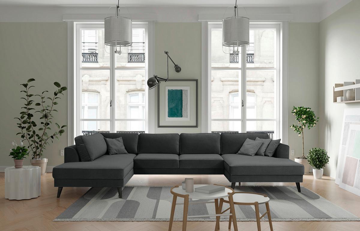Wohnlandschaft Lumber Jack Anthrazit Velours - Wengefarben/Anthrazit, MODERN, Textil (201/348/169cm) - Trendmanufaktur