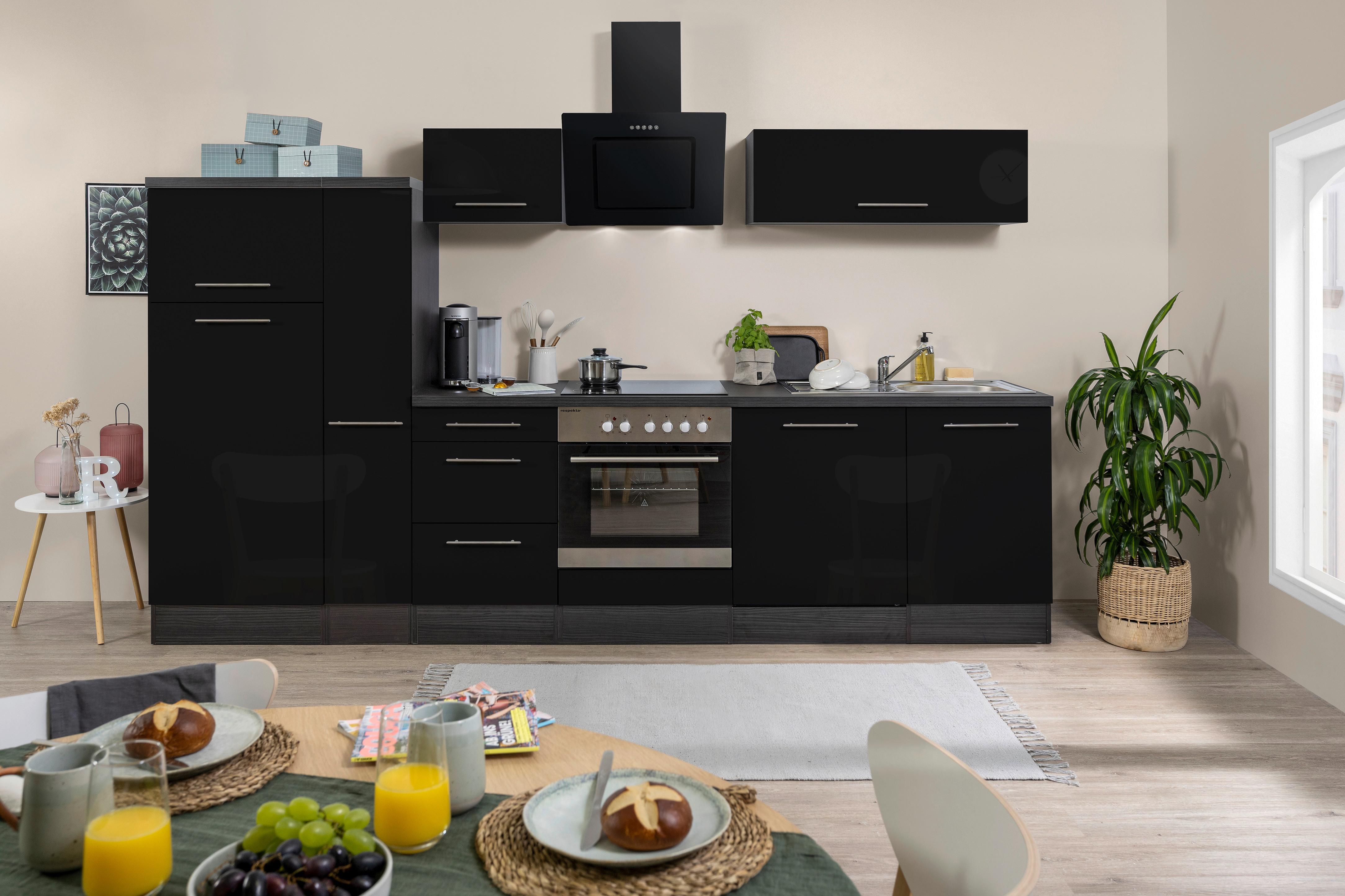 Küchenzeile mit Geräten 310 cm Schwarz Hochglanz - Eichefarben/Schwarz, Basics, Holzwerkstoff (310cm) - Respekta
