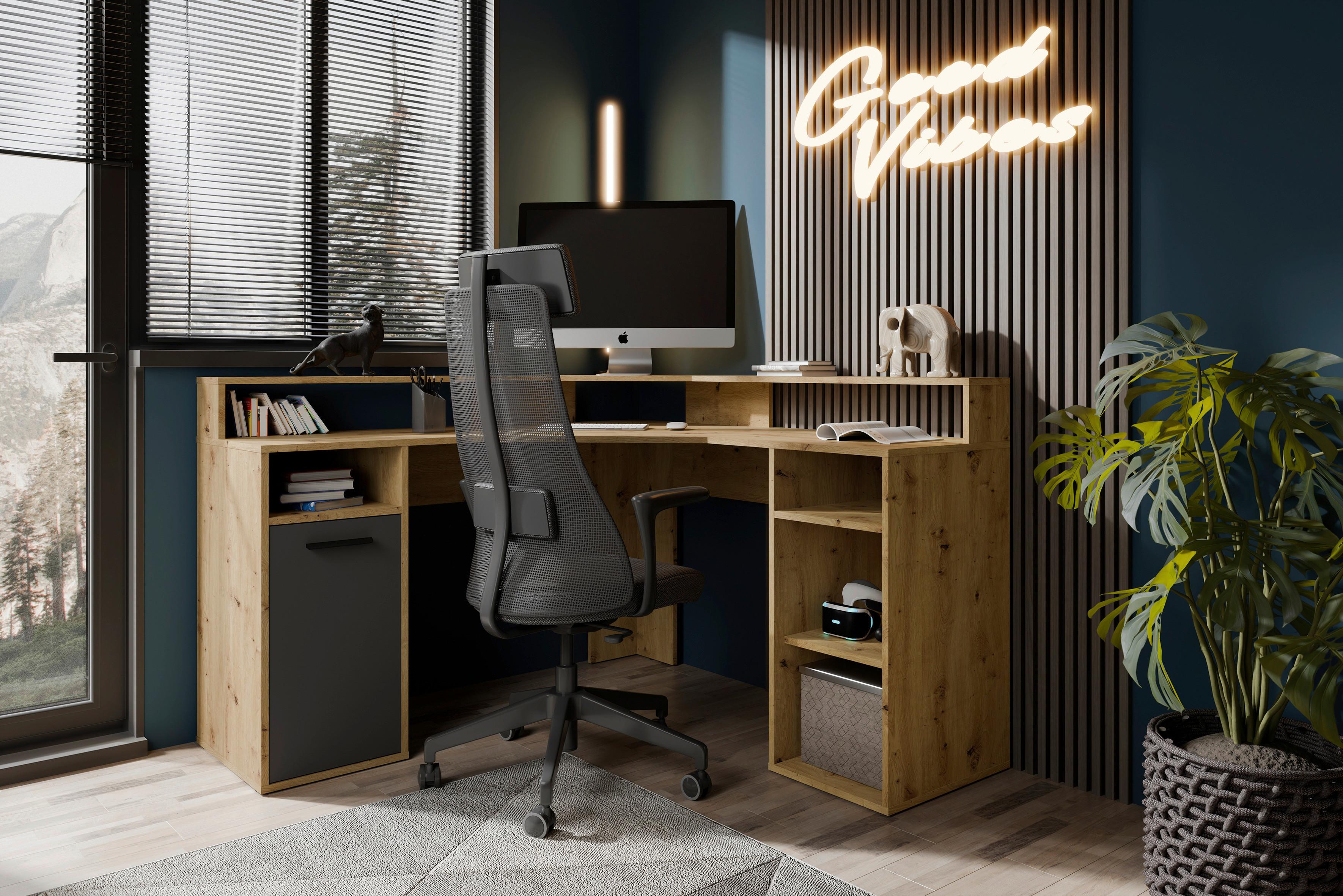 Schreibtisch Fox - Anthrazit/Eiche Artisan, MODERN, Holzwerkstoff (139/139/90,8cm) - MID.YOU