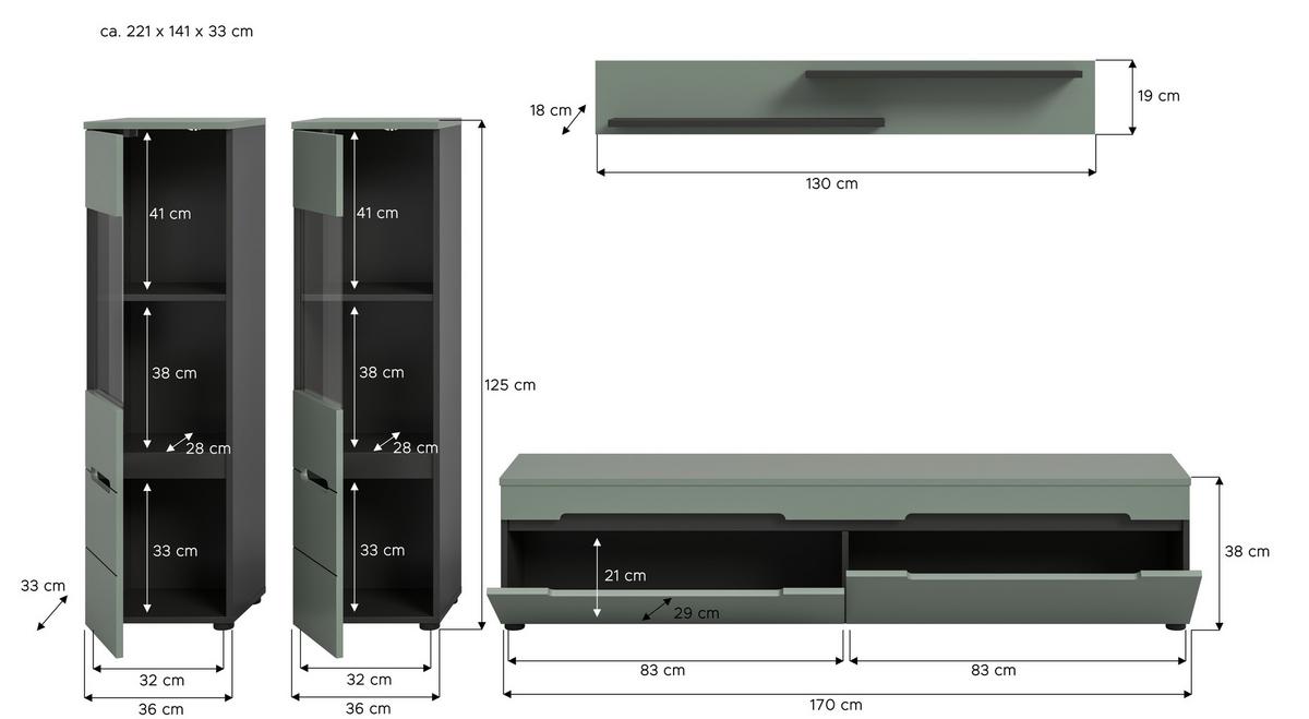 WOHNWAND Canu Graugrün B: 272cm - Schwarz/Graugrün, Design, Holzwerkstoff (272/141/33cm) - Livetastic