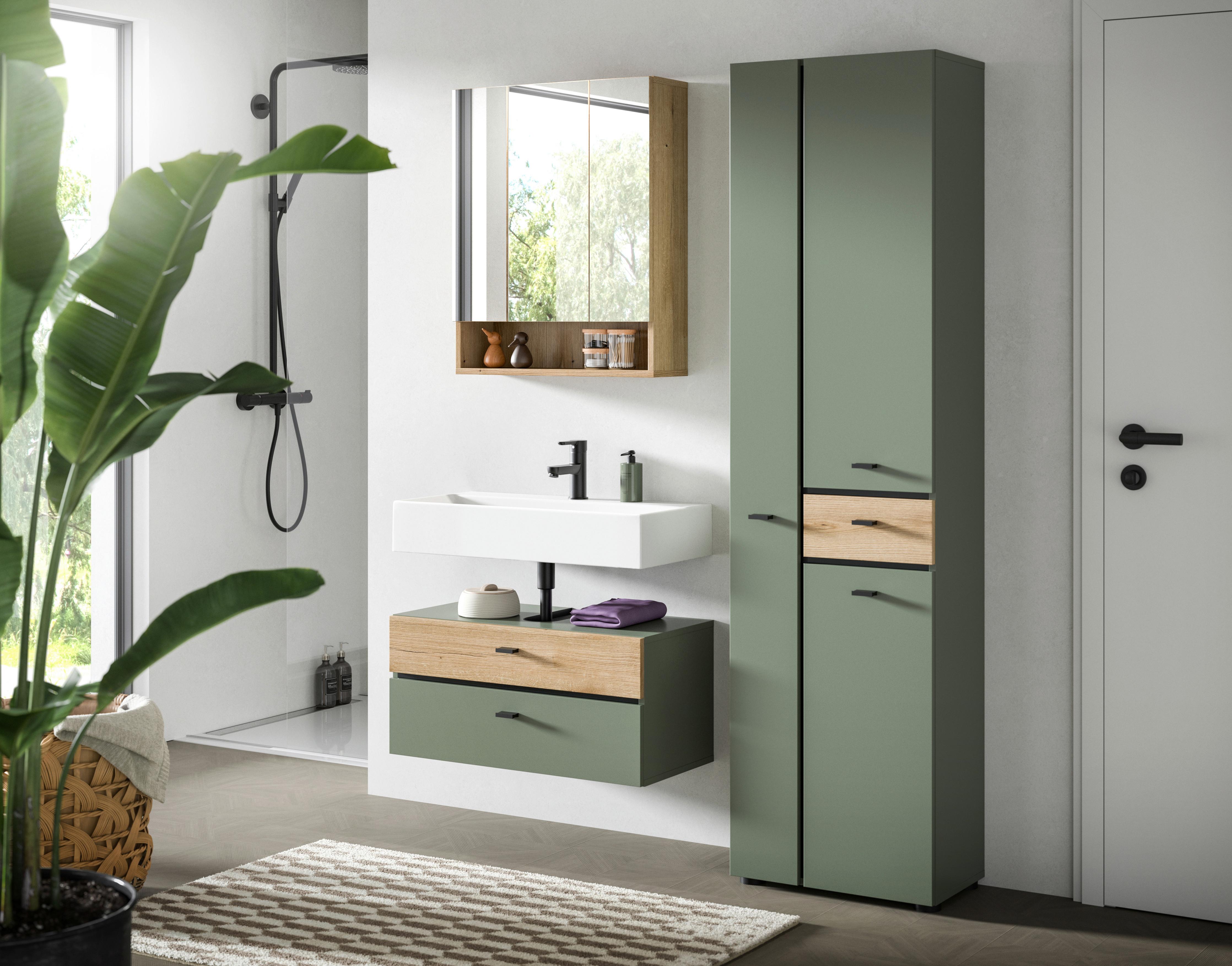 Badezimmer Aqua Grün/Eichefarben B: 126cm - Eichefarben/Schwarz, Trend, Glas/Holzwerkstoff (126cm) - MID.YOU
