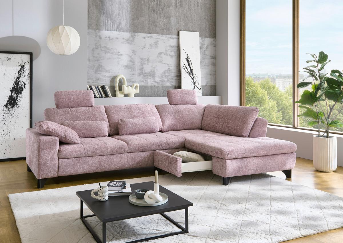 Rohová sedačka LANDO, pravá, ružová ženilka PIA,s funkciami - čierna/ružová, Modern, kov/textil (289/197cm) - Premium Living