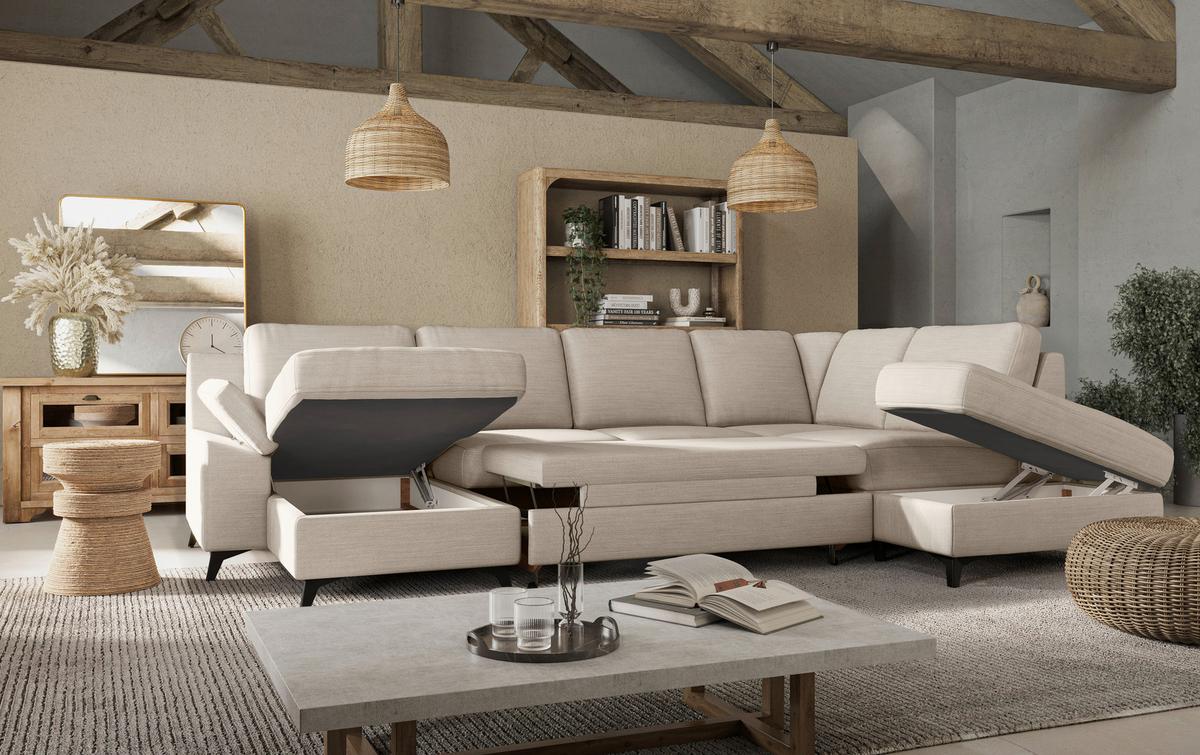 Wohnlandschaft Boom, Dunkelgrau 156x309x204 - Beige/Schwarz, KONVENTIONELL, Textil (156/309/204cm) - Cotta