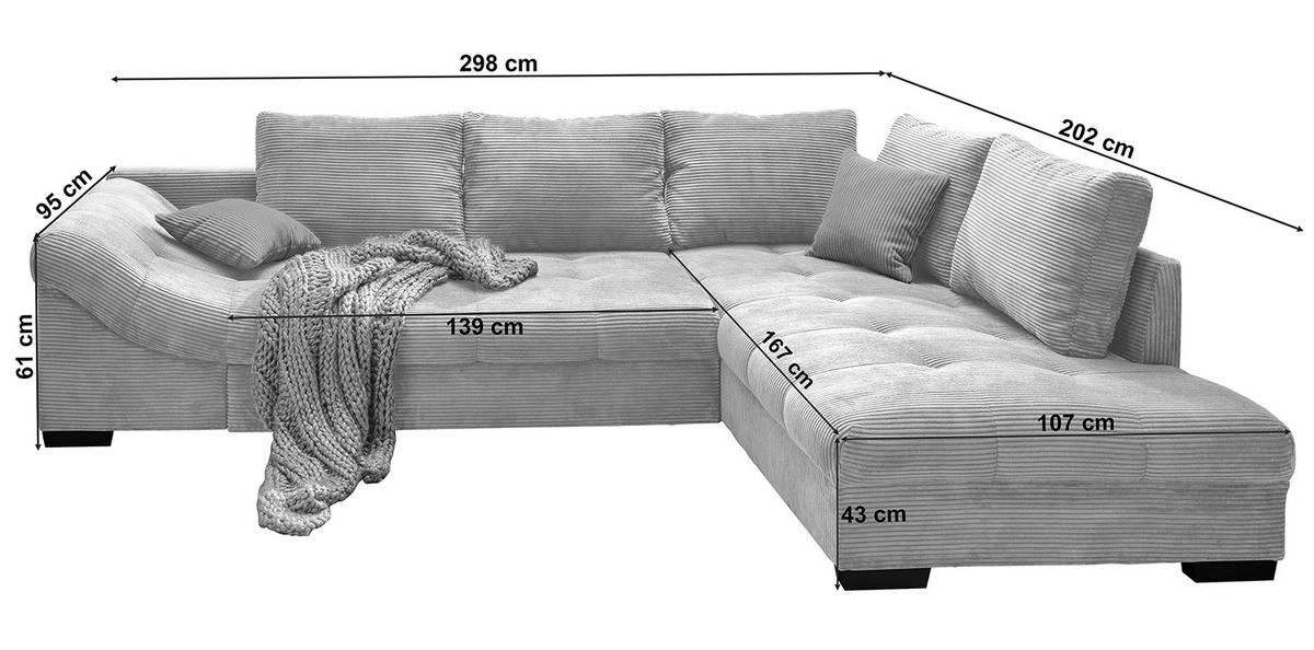 Gemütliches Ecksofa mit weichem Cordbezug, Ottomane auf der rechten Seite und Armlehne