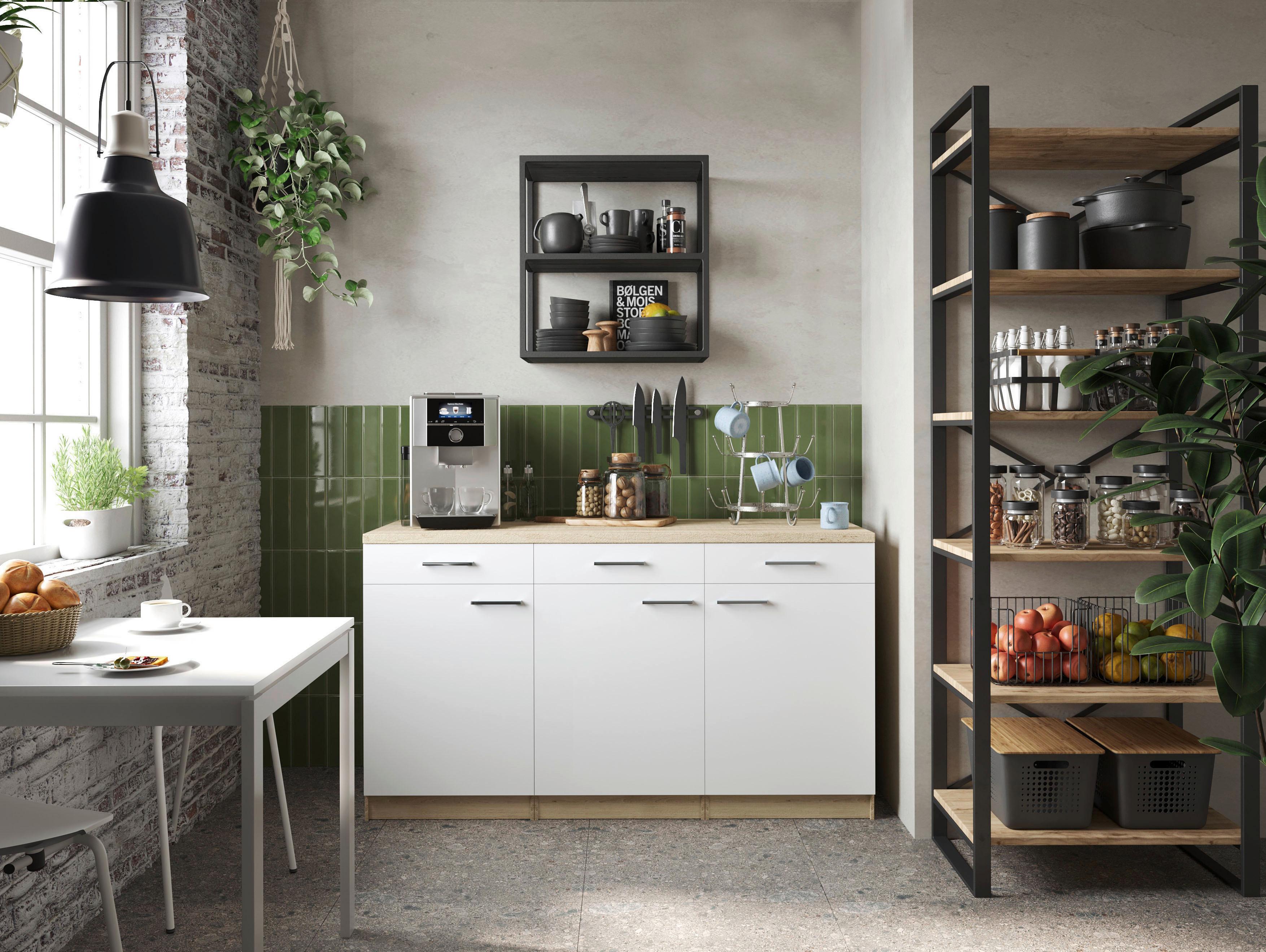Küchenunterschrank Merle Weiß/Eiche Dekor B:150cm - Eichefarben/Weiß, Basics, Holzwerkstoff (150/85/60cm) - Respekta