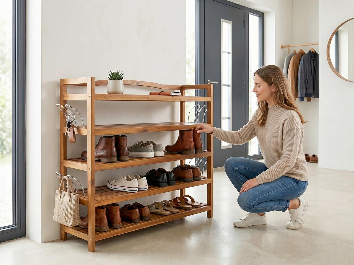 Schuhregal aus Akazie 5-Etagen LxBxH: 26x82x94 cm - Akaziefarben, Basics, Holz (26/82/94cm) - Prestige Home