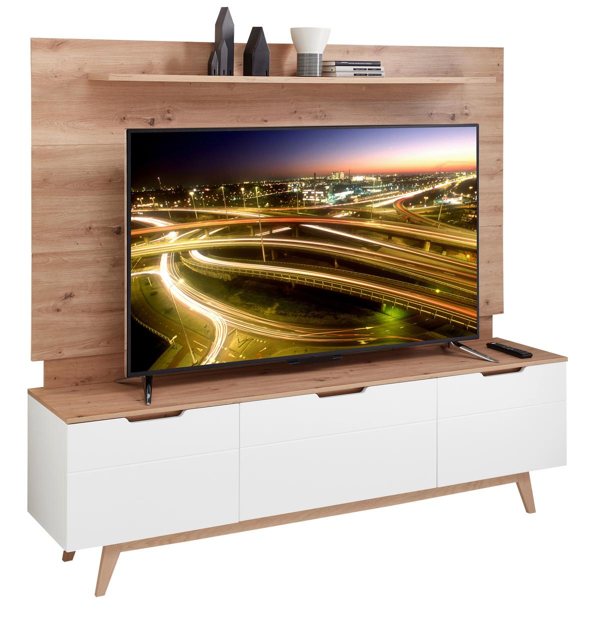 Wohnwand Media-L Weiß/Eiche Dekor - Eichefarben/Eiche Artisan, Design, Holzwerkstoff (200/180/42cm) - Livetastic