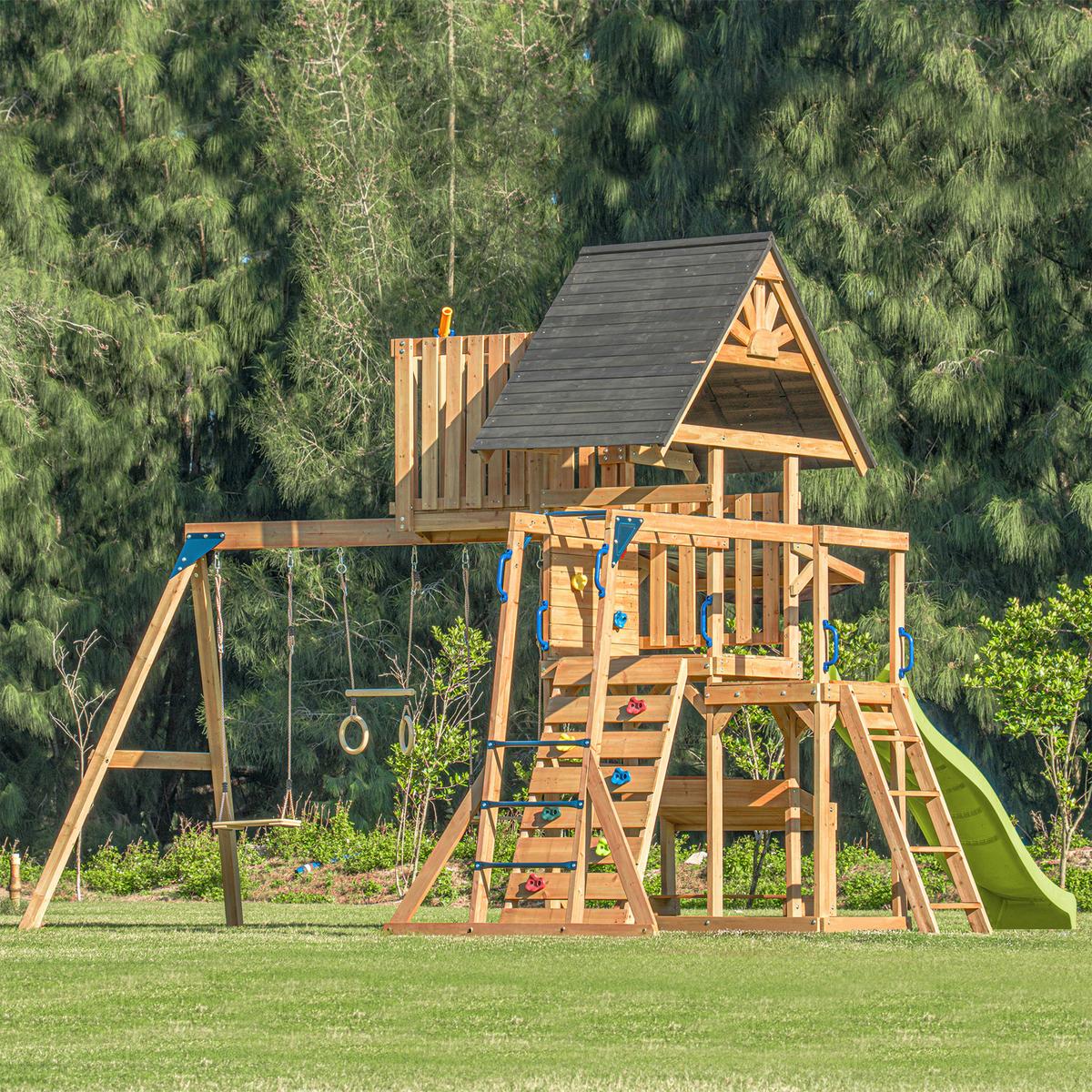 Spielturm Mit Rutsche Limegrün - Anthrazit/Limette, Basics, Holz/Kunststoff (482/500/338cm) - Ambia Garden