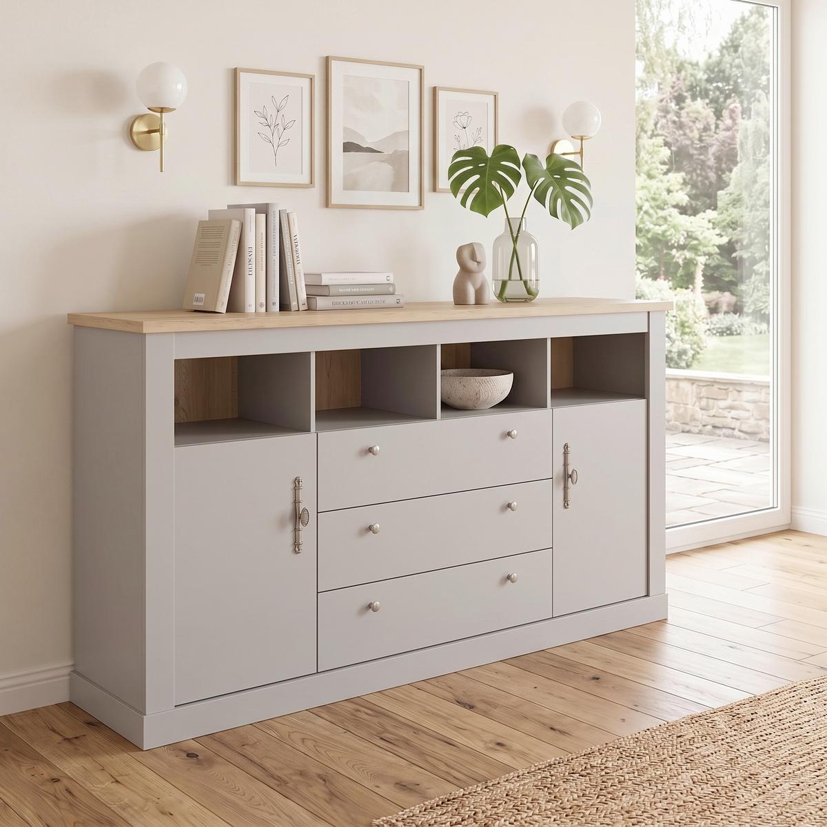 Sideboard Chambord Hellgrau/Eiche Dekor B: 198cm - Eichefarben/Hellgrau, Design, Holzwerkstoff (198/104/44cm) - MID.YOU
