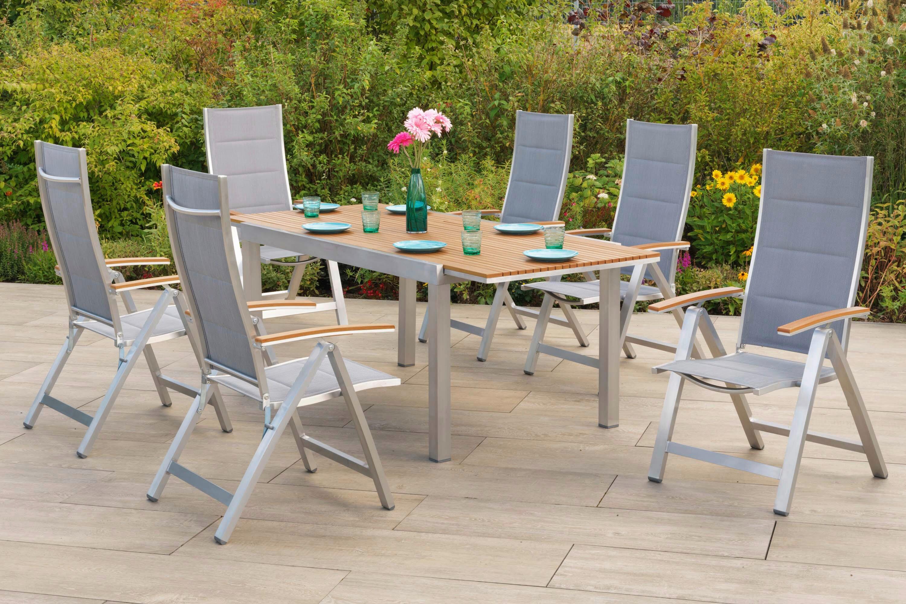 Gartentischgruppe San Remo 7 -Teilig. Grau/Natur/Silberfarben - Silberfarben/Naturfarben, KONVENTIONELL, Kunststoff/Textil - Gardenson