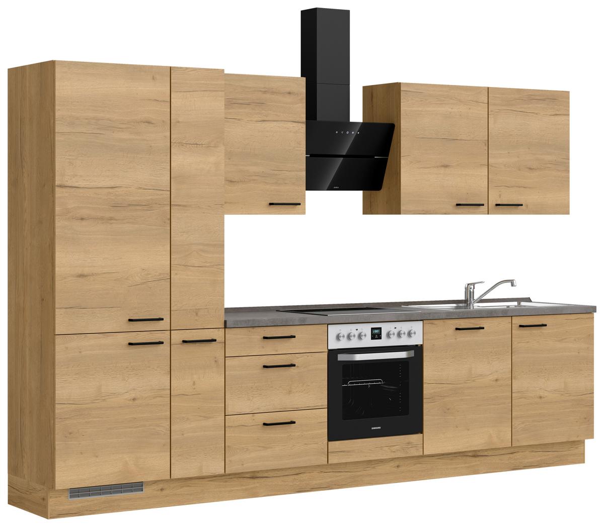 Kuchynská linka 330 cm, dub Sierra - čierna/farba duba, Modern, kov/kompozitné drevo (330cm) - Nobilia
