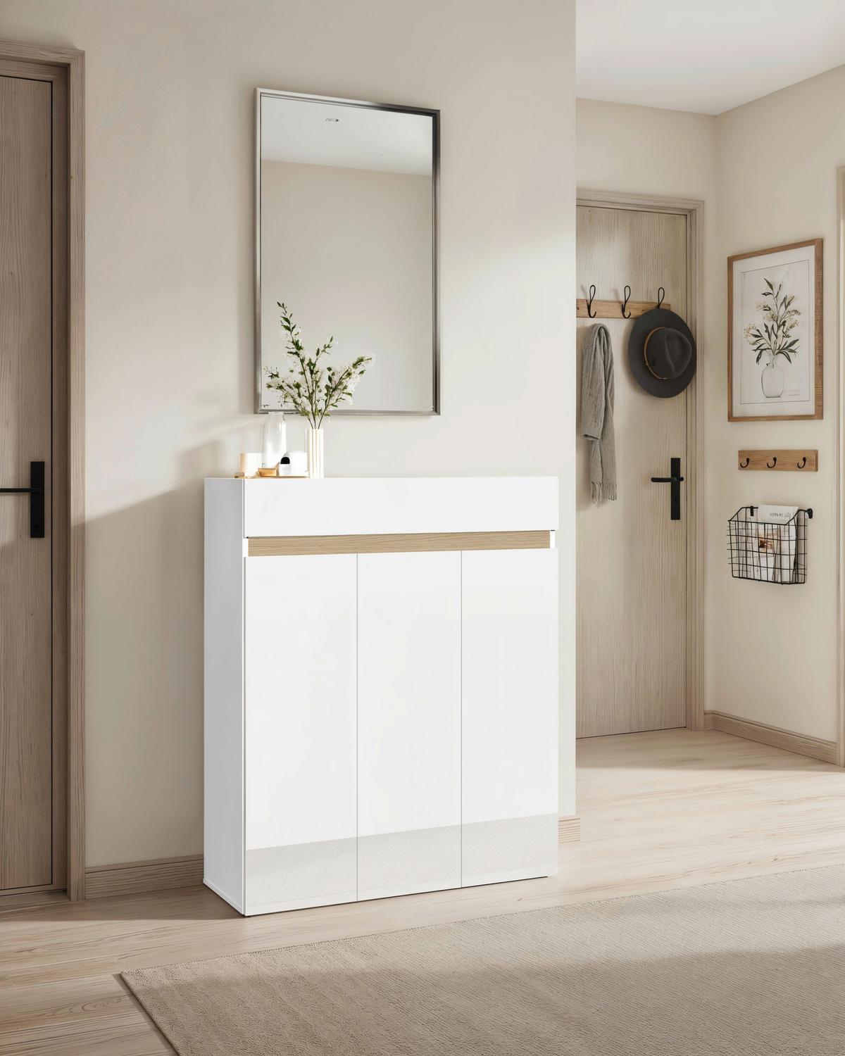 Schuhschrank Rainbow Eichefarben/weiß Hg B: 94 Cm - Eichefarben/Weiß Hochglanz, Design, Holzwerkstoff (94/114/35cm) - MID.YOU