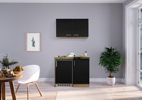 Miniküche mit Kühlschrank + Kochfeld 100 cm Schwarz/Eiche - Edelstahlfarben/Eichefarben, MODERN, Holzwerkstoff/Metall (100cm) - Respekta