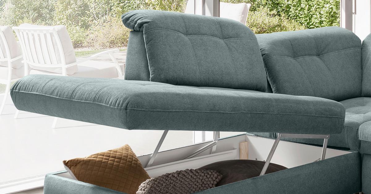 Wohnlandschaft mit Bettkasten Rigatti Blau B: 387 cm - Blau/Schwarz, MODERN, Textil (252/387/184cm) - Livetastic