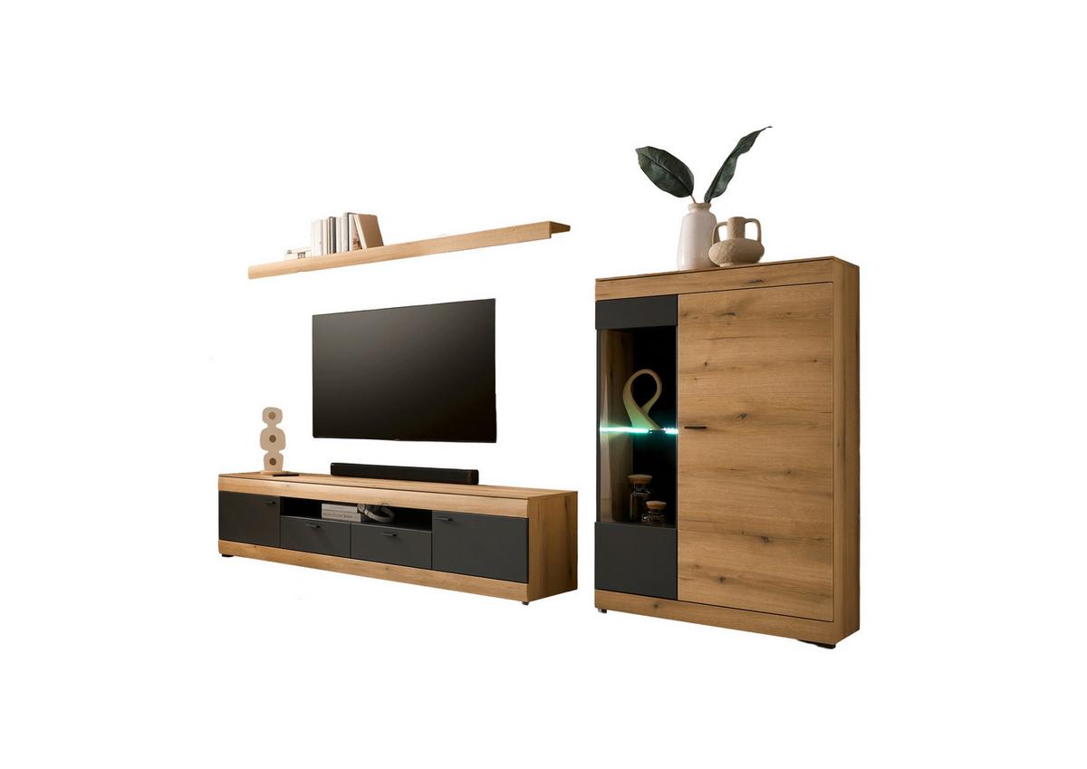 Wohnwand Soleto Graphit/Eichefarben B: 300cm - Eichefarben/Schwarz, Design, Glas/Holzwerkstoff (300/170/45cm) - MID.YOU