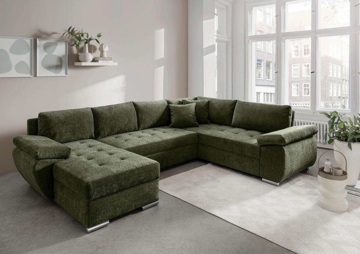 Wohnlandschaft Terana Olivgrün Mit Schlaffunktion, Mikrofaser - Chromfarben/Olivgrün, KONVENTIONELL, Textil (157/305/219cm) - Livetastic