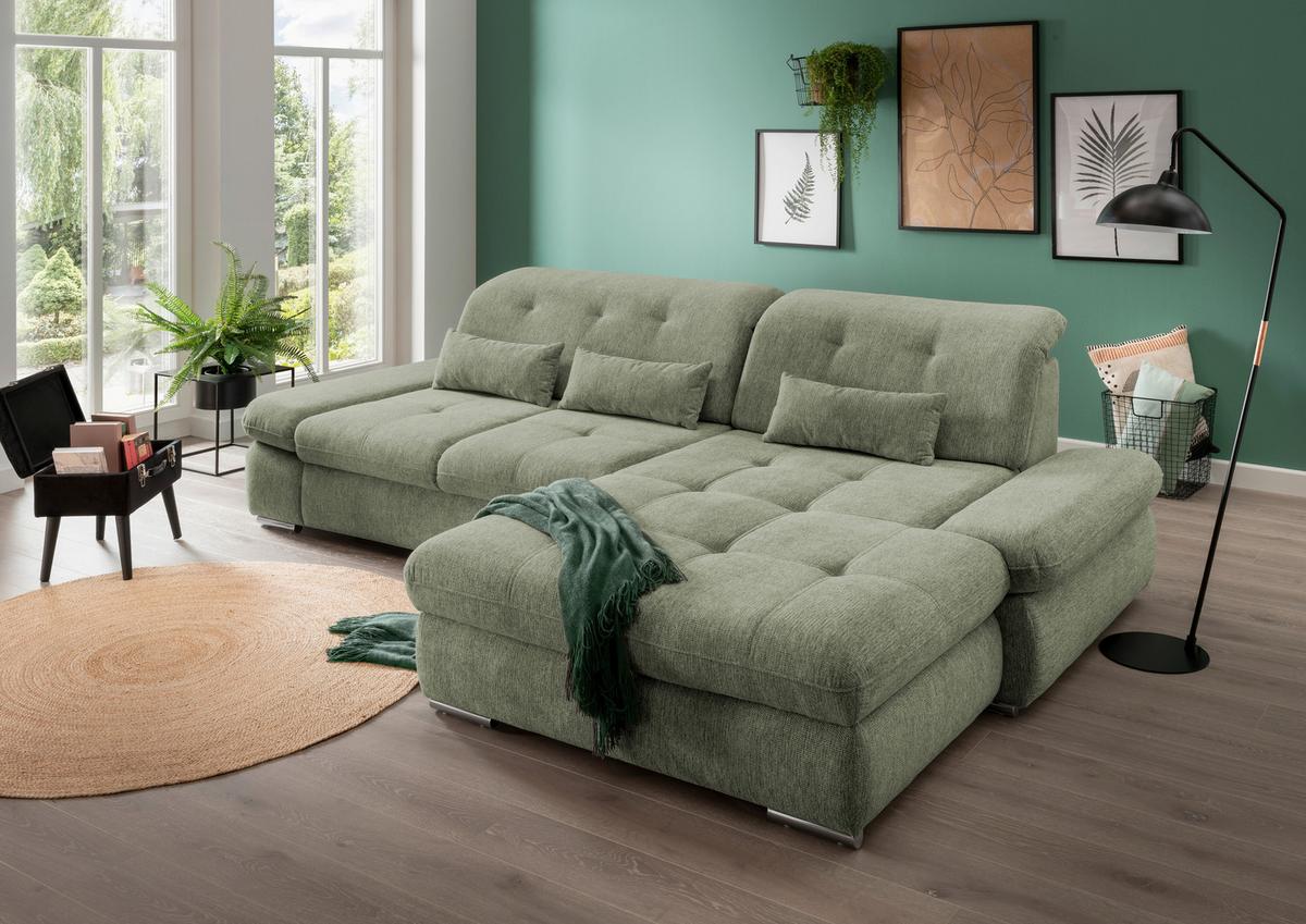 Ecksofa mit Schlaffunktion Dalida Grün Chenille - Chromfarben/Grün, Design, Textil (300/196cm) - Livetastic