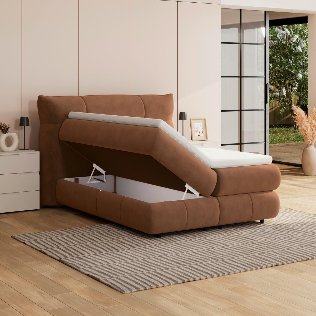 Boxspringbett Carmelo Kupfer 140x200 cm H2 - Schwarz/Kupferfarben, Trend, Textil (140/200cm)
