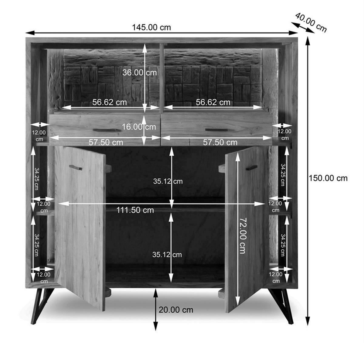 Highboard Indira Akazie Massiv, B: 145 cm - Schwarz/Akaziefarben, ROMANTIK / LANDHAUS, Holz/Metall (145/150/40cm)