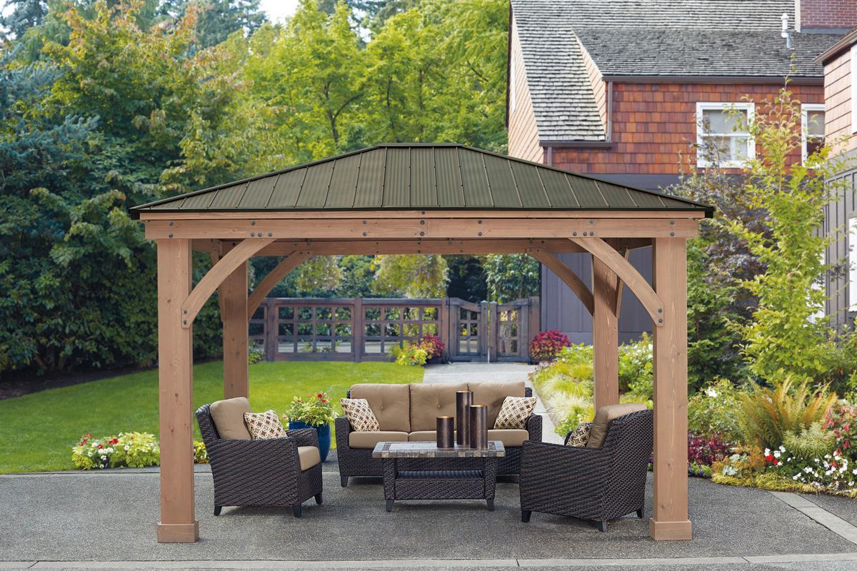 Pavillon Devon 427x365cm wetterfest - Bronzefarben/Mokka, Basics, Holz/Metall (427/317,5/365cm)