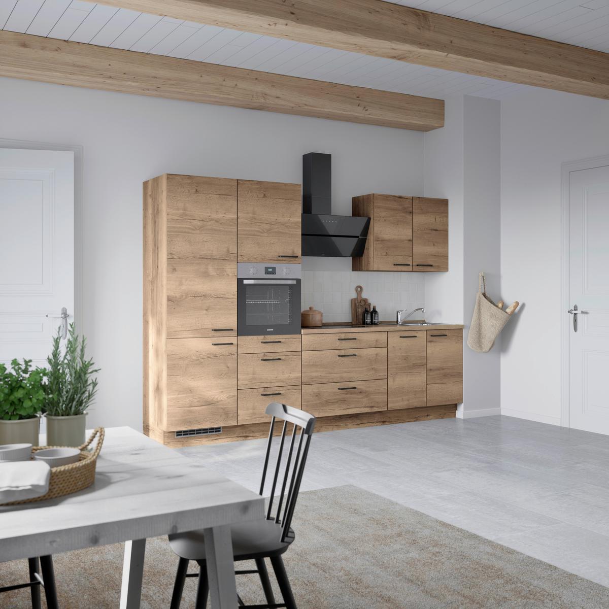 Kuchyňská linka 300 cm, dekor dub Havanna - černá/tmavý dub, Moderní, kov/kompozitní dřevo (300cm) - Nobilia
