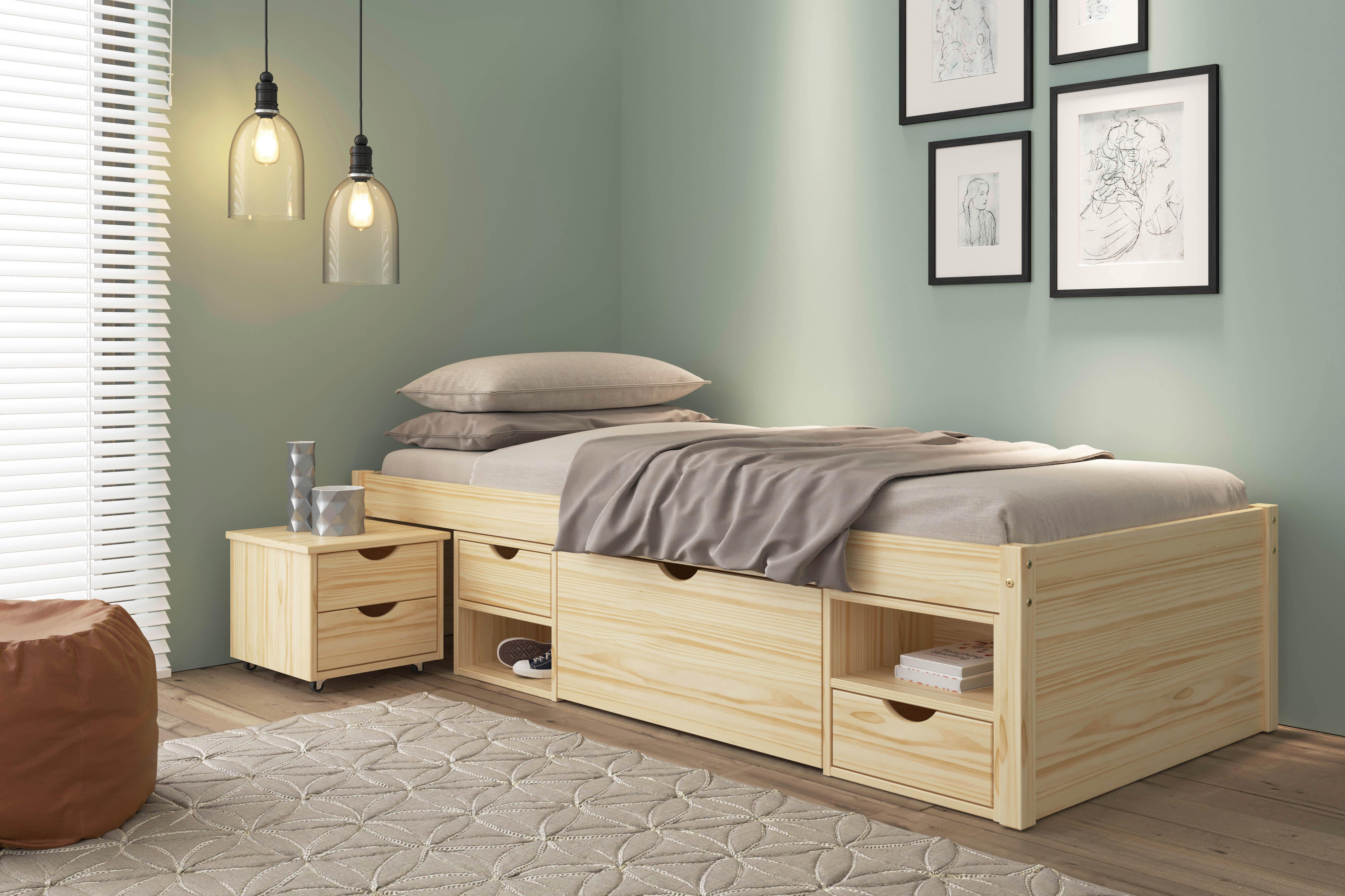 Stauraumbett Echtholz inkl. Nachtkästchen 90x200 Claas - Naturfarben, Basics, Holz (90/200cm) - MID.YOU
