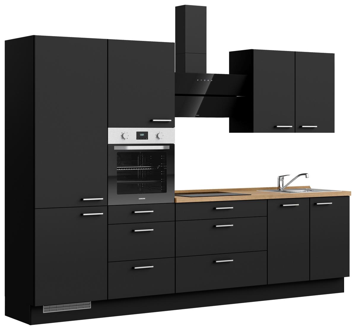 Kuchyňská linka 300 cm, černá matná/ barva dub - černá/barvy dubu, Moderní, kov/kompozitní dřevo (300cm) - Nobilia