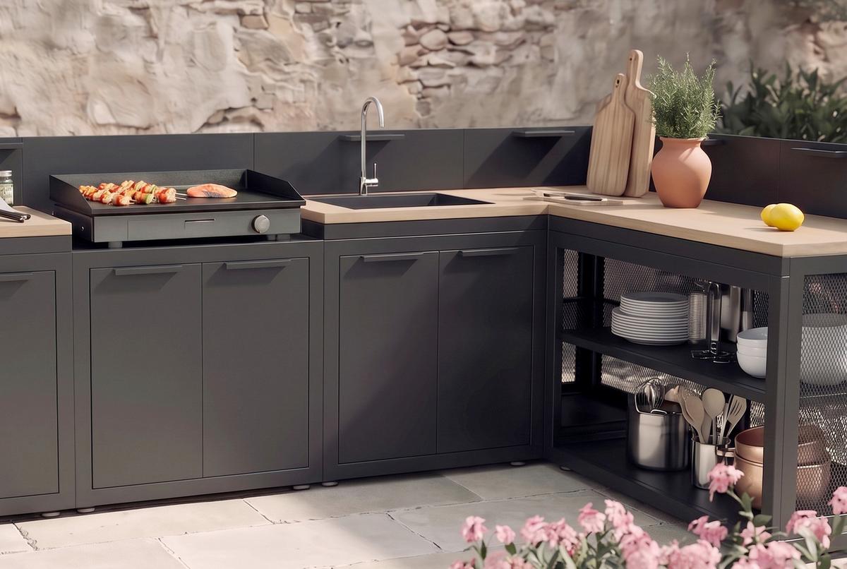 Outdoorküche 5- teilig Anthrazit, Metall, inkl. Spüle - Anthrazit, Basics, Metall (150.37kg)