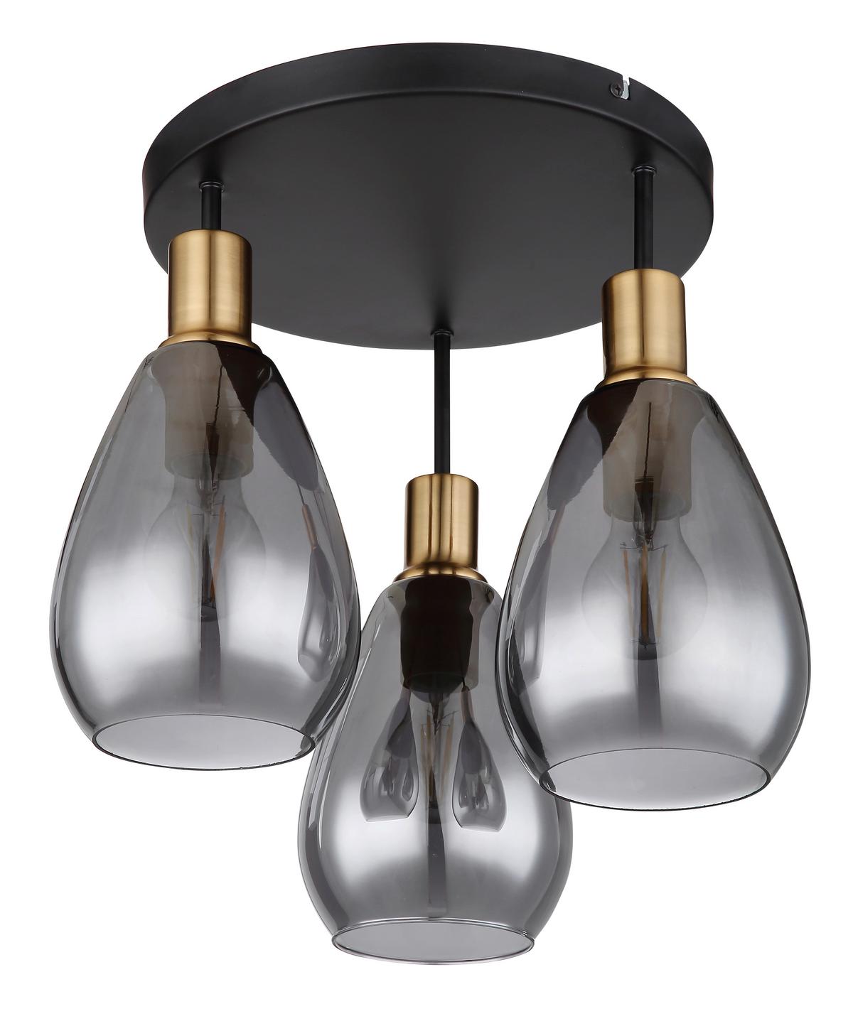 Deckenleuchte Ø 38 cm 3-Flammig mit Rauchglas - Messingfarben/Schwarz, Design, Glas/Metall (38/38cm) - Globo