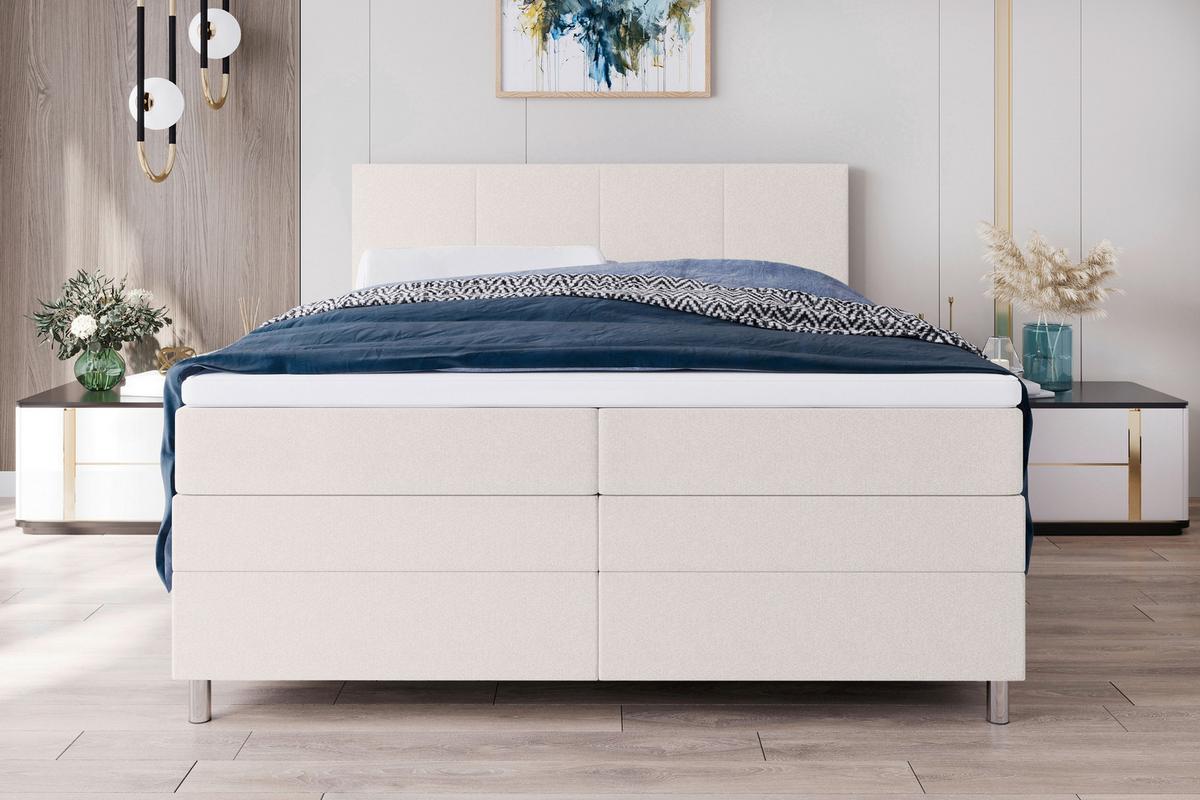 Boxspringbett mit Topper und Bettkasten 140x200 cm Messina - Chromfarben/Creme, KONVENTIONELL, Textil (140/200cm)