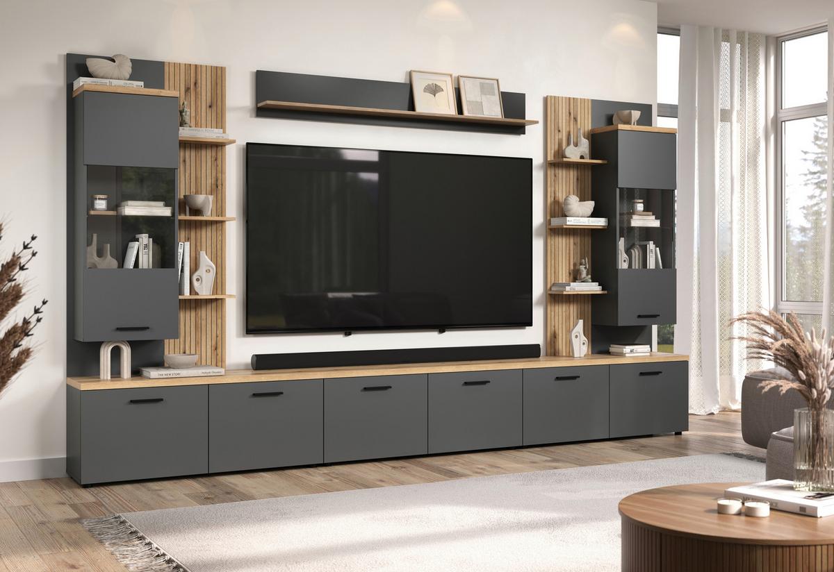 Wohnwand Baggio Anthrazit/Eichefarben B: 360cm - Eichefarben/Anthrazit, Design, Glas/Holzwerkstoff (360/212/40cm) - MID.YOU
