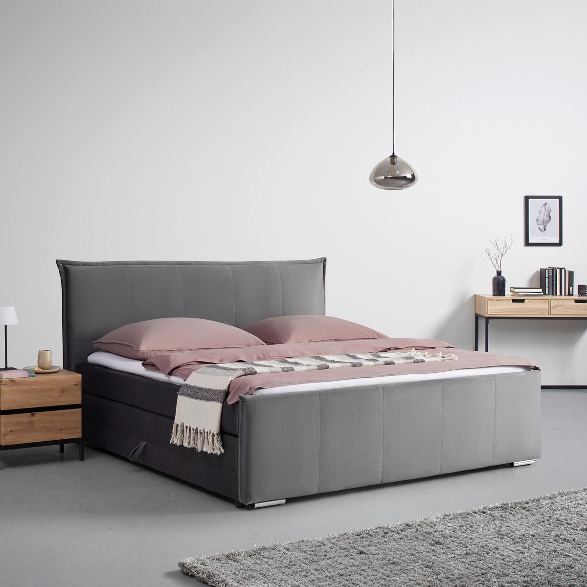 Posteľ boxspring s toperom, 200x200 cm, sivá - sivá/chrómová, Modern, kov/drevo (200/200cm) - Bessagi Home