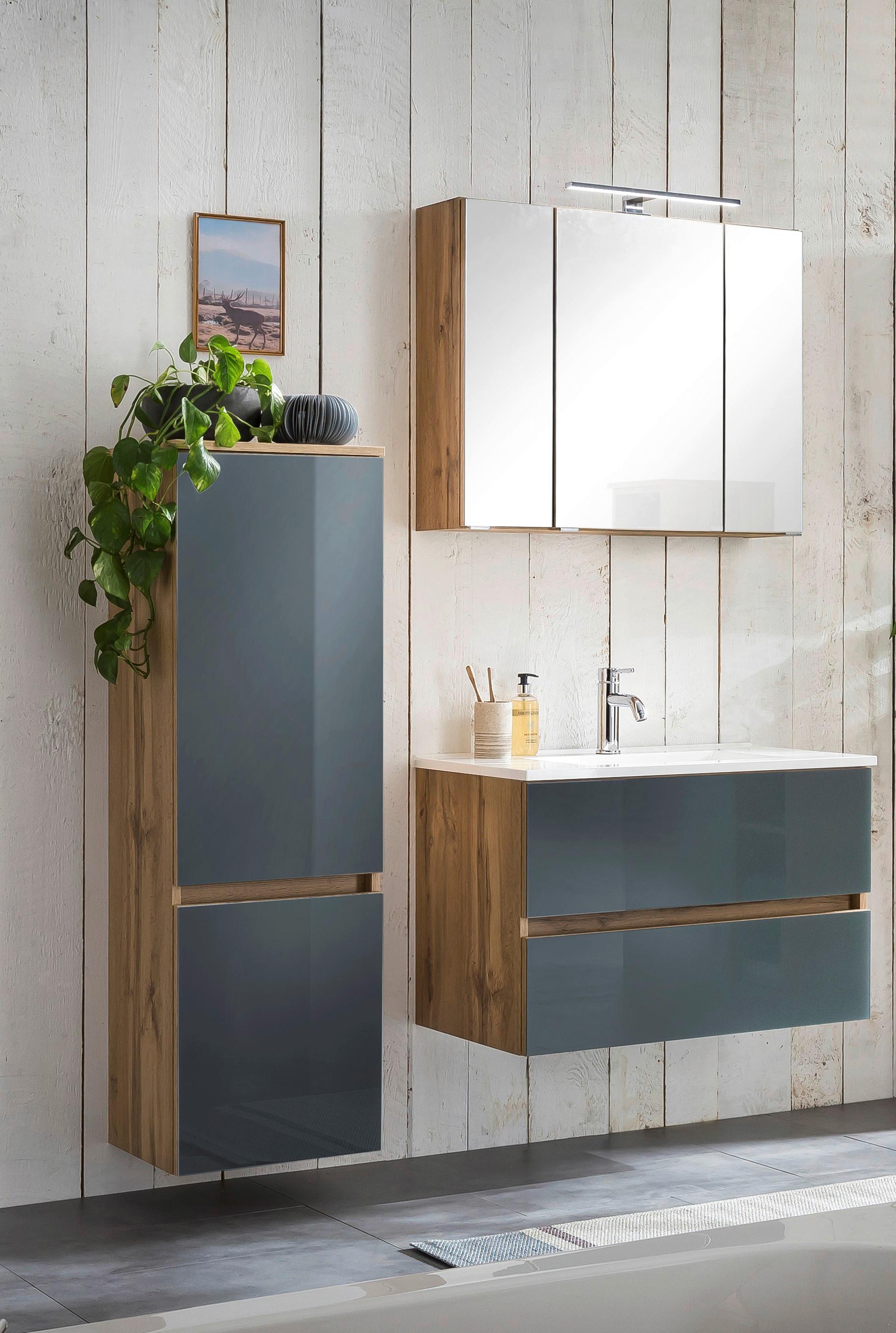 Badmöbel-Set 4--Teilig. inkl. LED Helsinki, Grau/Eiche - Eichefarben/Weiß, KONVENTIONELL, Glas/Holzwerkstoff (120cm) - Held