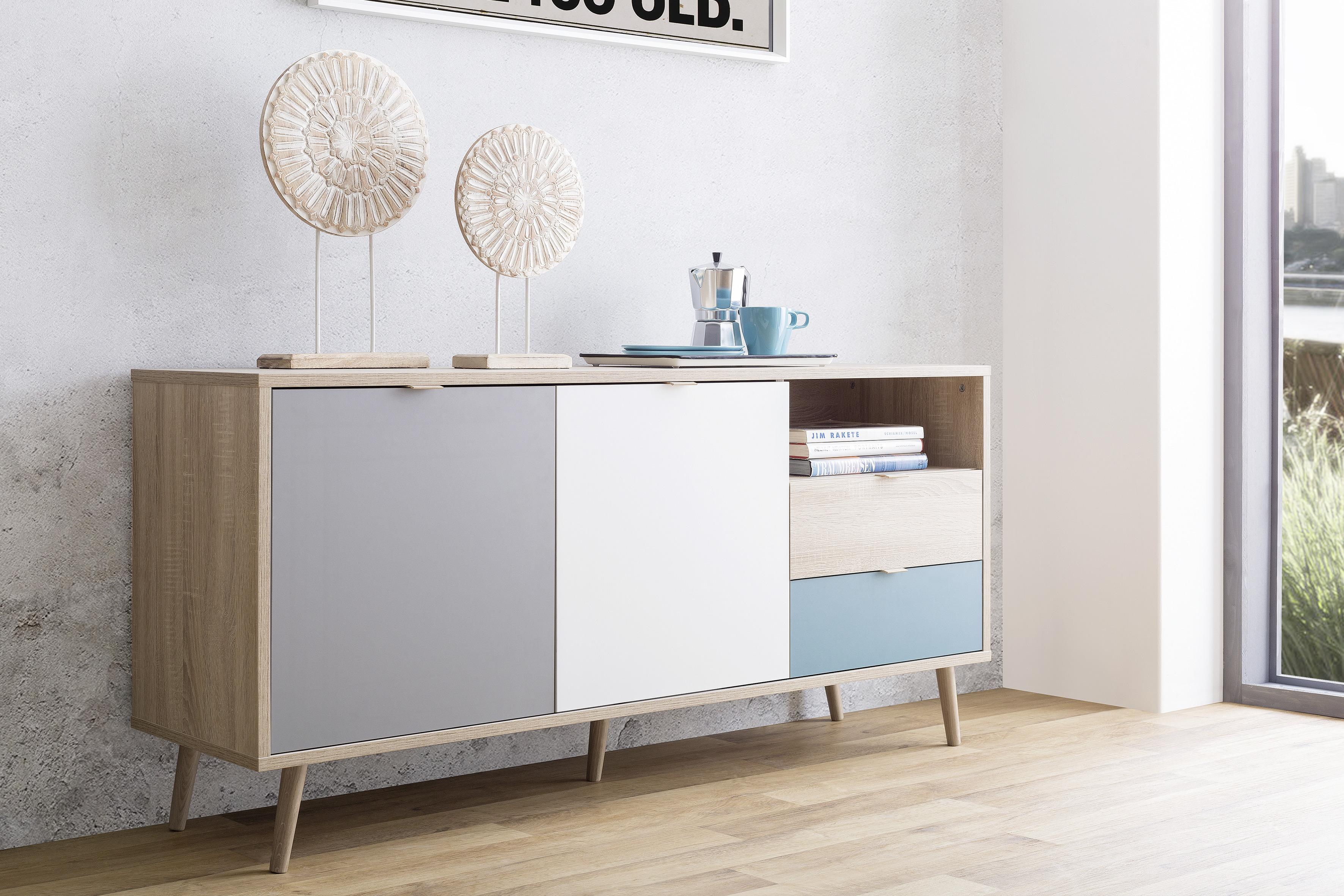 Sideboard Dekor 150 cm Cuba 51 Trend Grau/Weiß/Petrol/Eiche - Eichefarben/Petrol, Trend, Holzwerkstoff (150/68/40cm) - MID.YOU