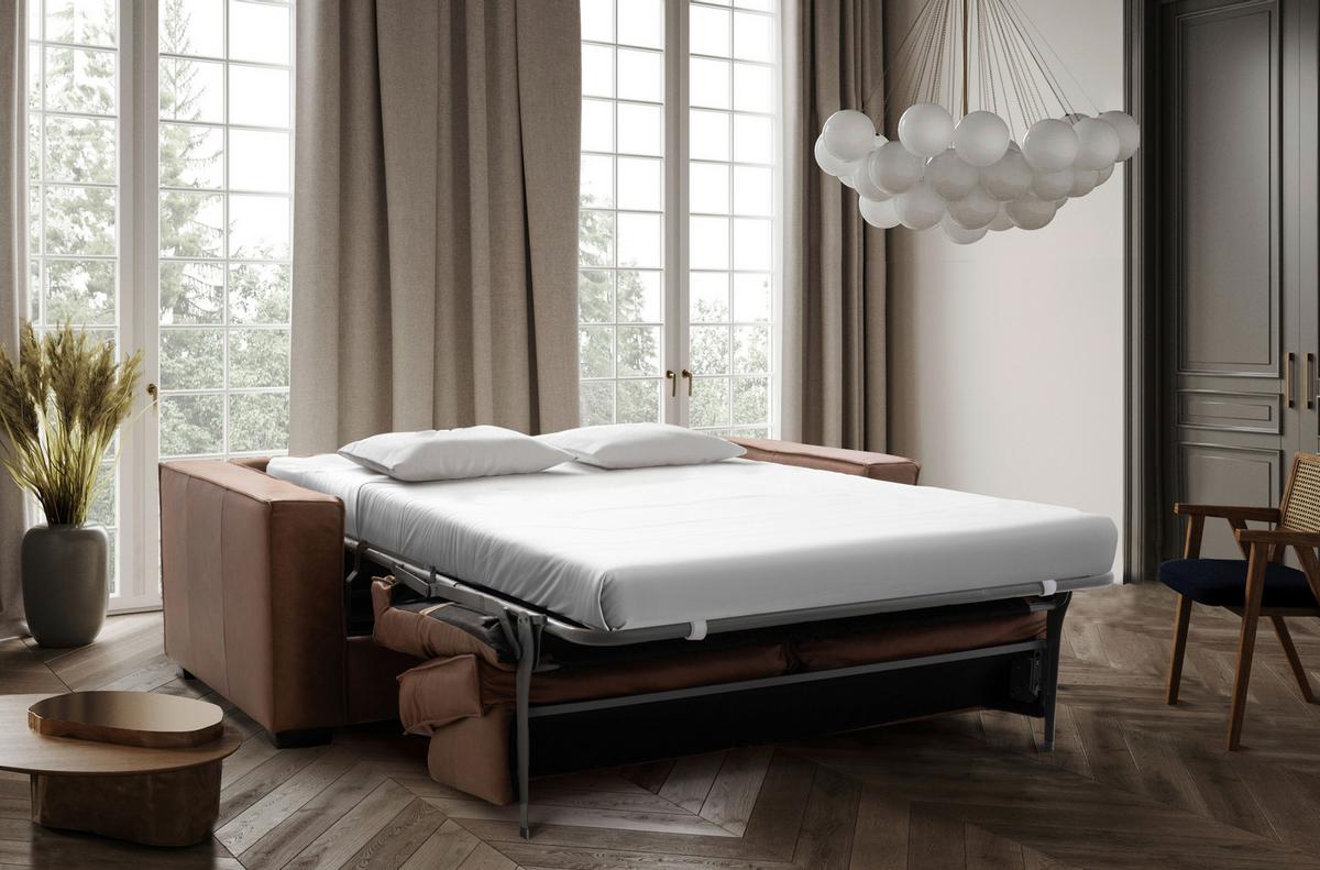 Schlafsofa Texas Cognac Anilinleder, B: 203 Cm - Cognac/Dunkelbraun, Design, Leder (203/85/99cm) - MID.YOU