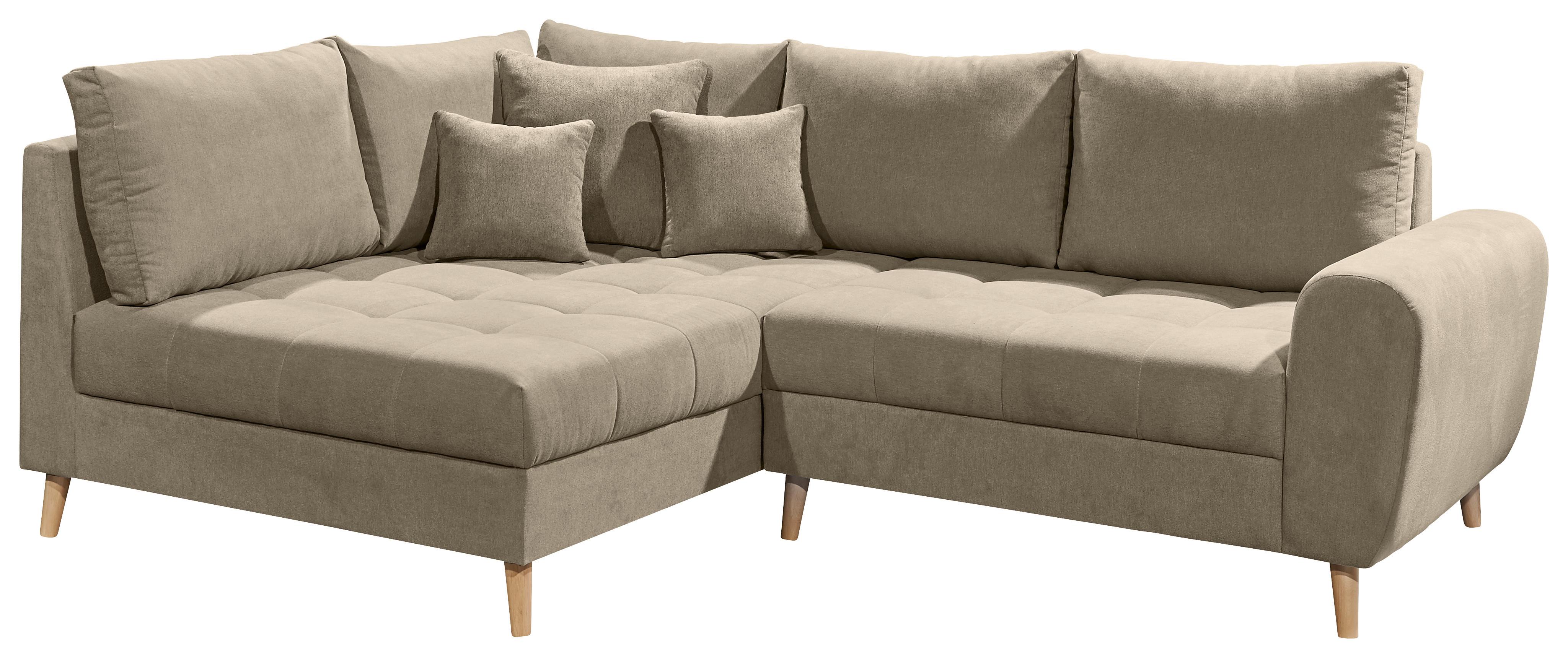Ecksofa mit Holzfüßen + Kissen Alice, Webstoff - Sandfarben/Kieferfarben, KONVENTIONELL, Holzwerkstoff/Textil (175/249cm) - MID.YOU