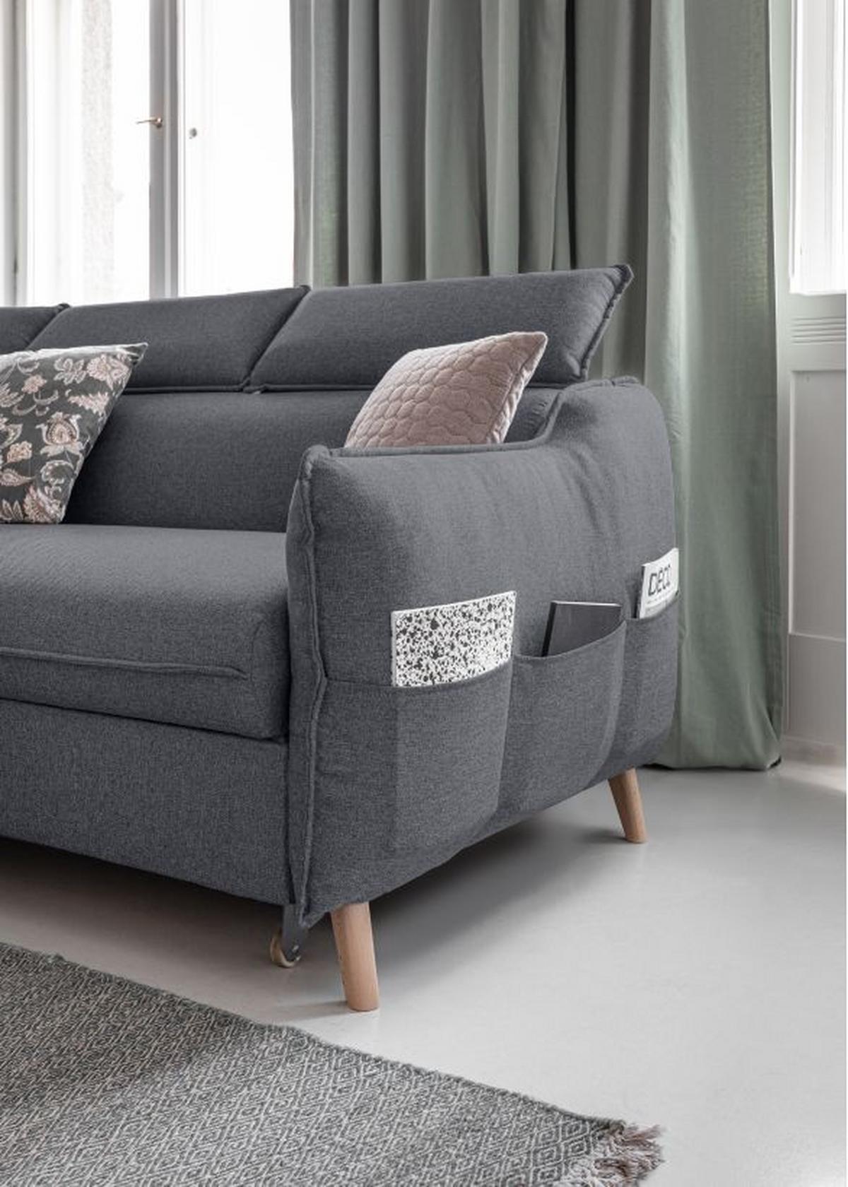 Rozkládací sedačka Simone, levé provedení - šedá/přírodní barvy, Moderní, dřevo/textil (253/82/95/208cm)