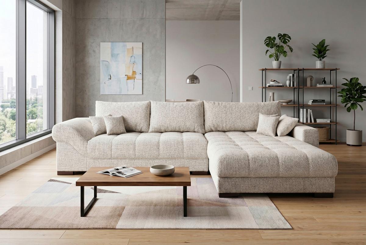 Boxspringecksofa Emil Webstoff creme, S:343x217cm - Creme/Schwarz, ROMANTIK / LANDHAUS, Holzwerkstoff/Textil (343/217cm)