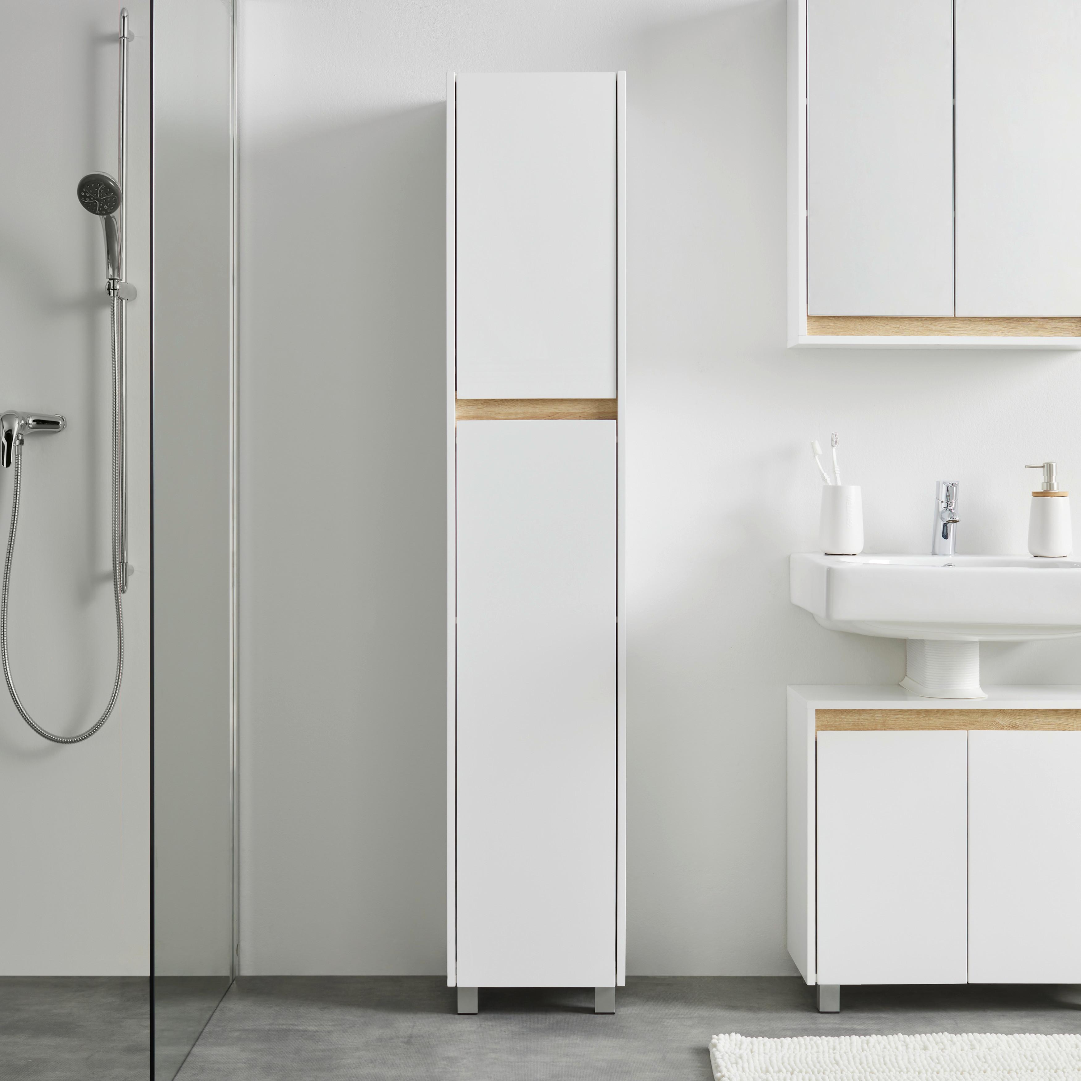 Vysoká skrinka MASSIMO biela/borovica - biela/strieborná, Modern, plast (33/175/30cm) - Bessagi Home