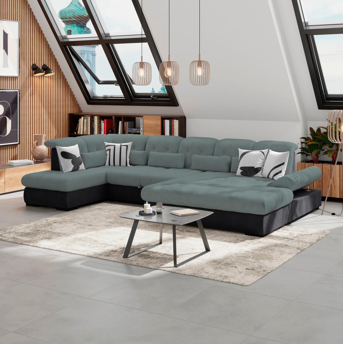 Wohnlandschaft Madera Blaugrün U: 212x358x190 Cm - Blau/Anthrazit, KONVENTIONELL, Kunststoff/Textil (212/358/190cm)