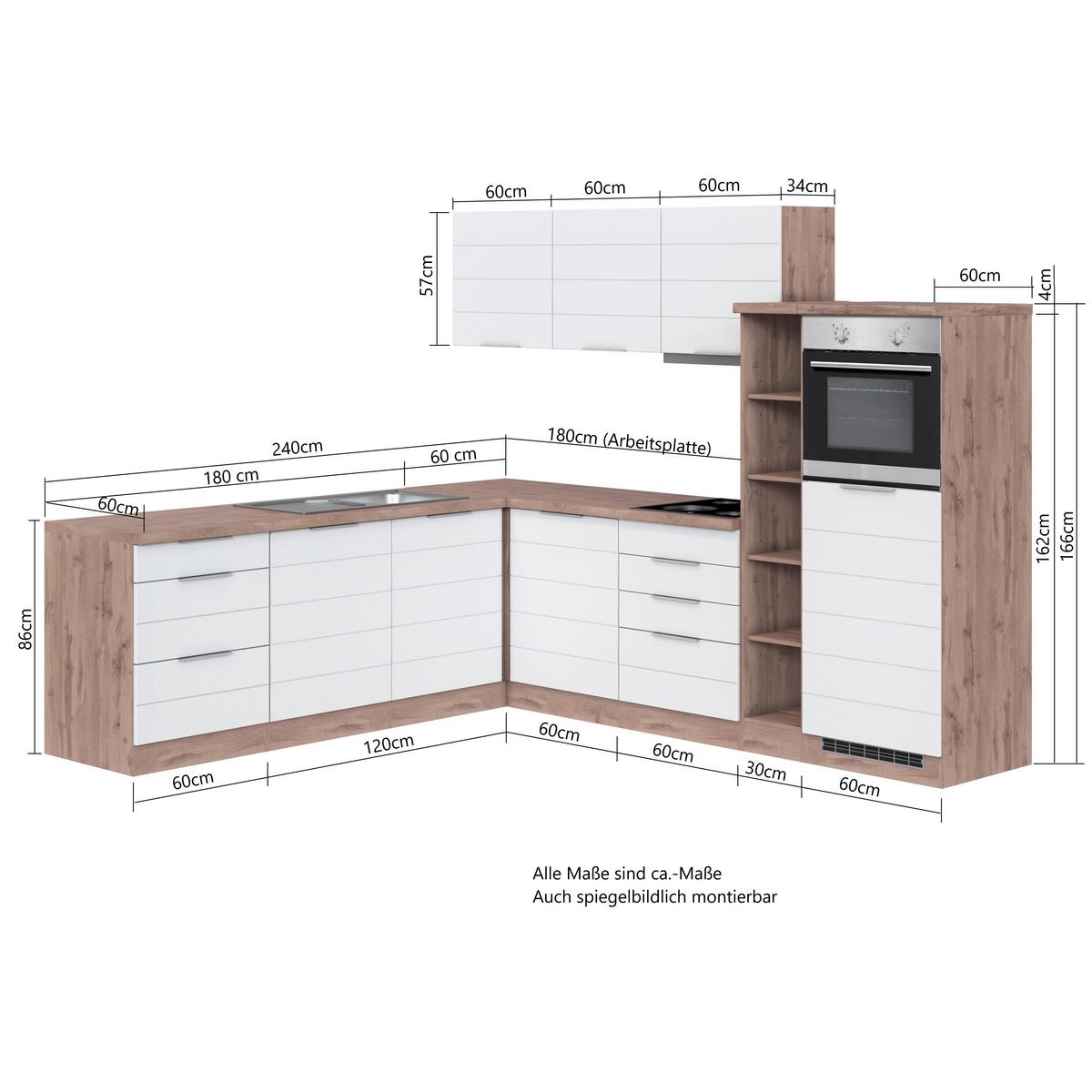 Eckküche Florenz ohne Geräte 240x270 cm Weiß/Eichefarben - Eiche Wotan/Weiß, Design, Holzwerkstoff (240/270cm) - Held