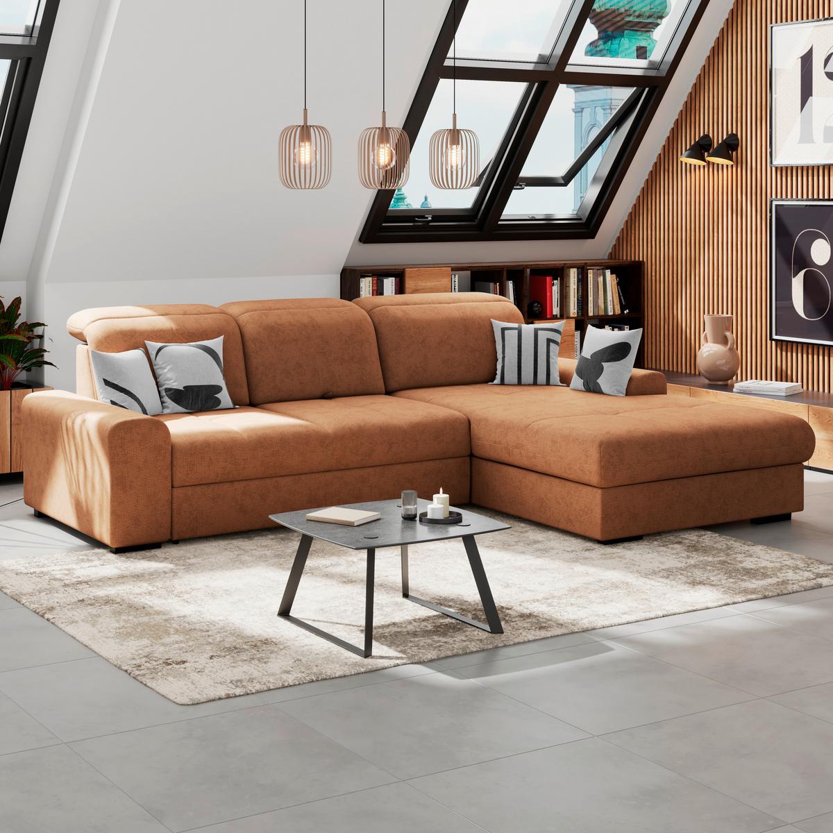 Ecksofa mit Bettfunktion Malaga new Chenille terracotta - Terracotta/Schwarz, KONVENTIONELL, Textil (286/203cm) - Ondega
