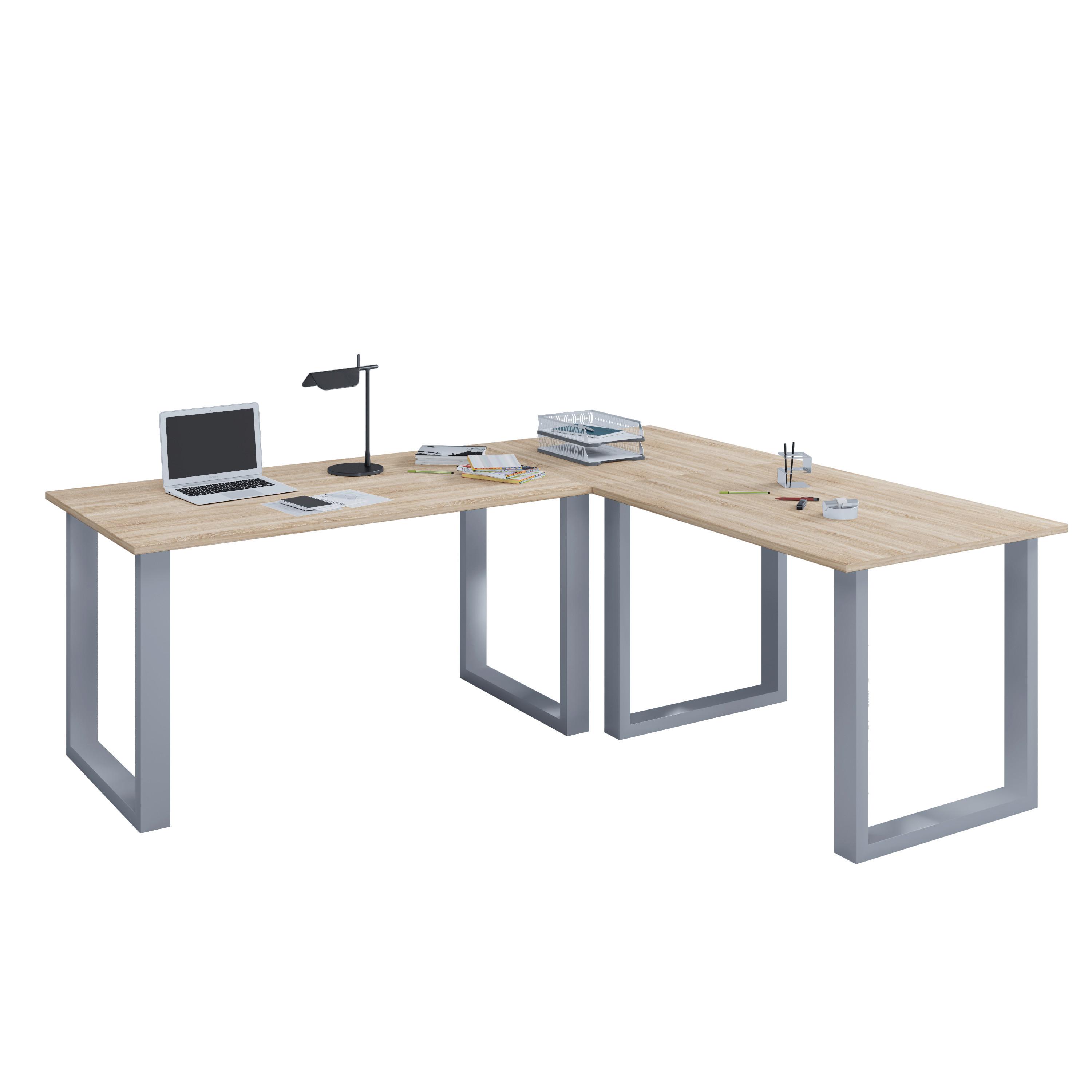 Eckschreibtisch Lona Silberfarben/Eiche D. L: 190cm - Silberfarben/Sonoma Eiche, Design, Holzwerkstoff/Metall (190/160/76cm) - MID.YOU