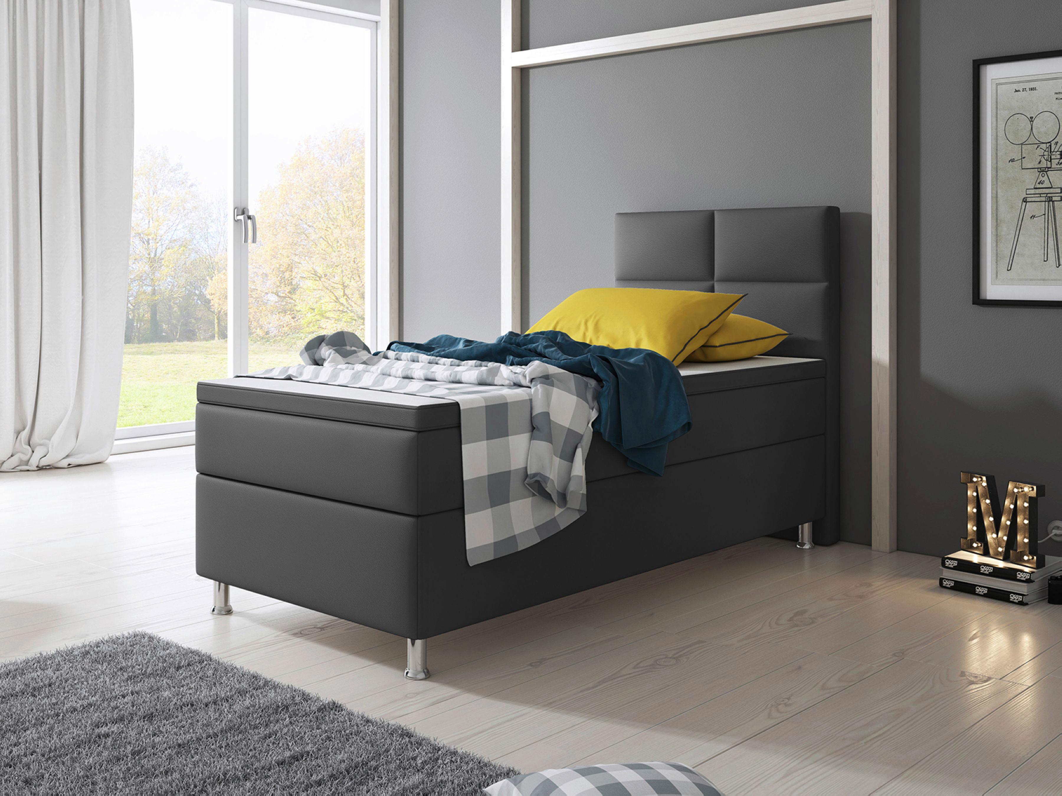 Boxspringbett Mit Topper Lederlook 90x210 Miami - Anthrazit/Silberfarben, KONVENTIONELL, Leder/Textil (90/115/210cm) - MID.YOU