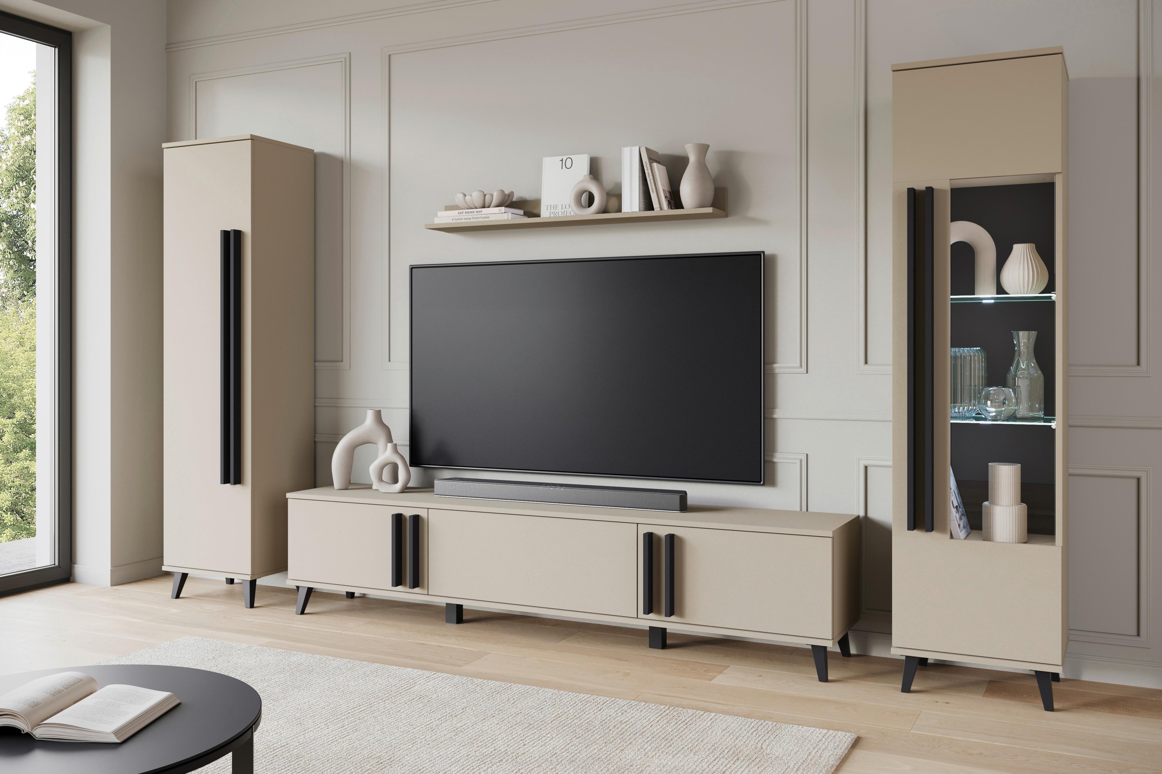 Wohnwand Helsinki 02 Beige/Congo B: 260 cm - Beige/Schwarz, Trend, Glas/Holzwerkstoff (260/159,5/33cm)