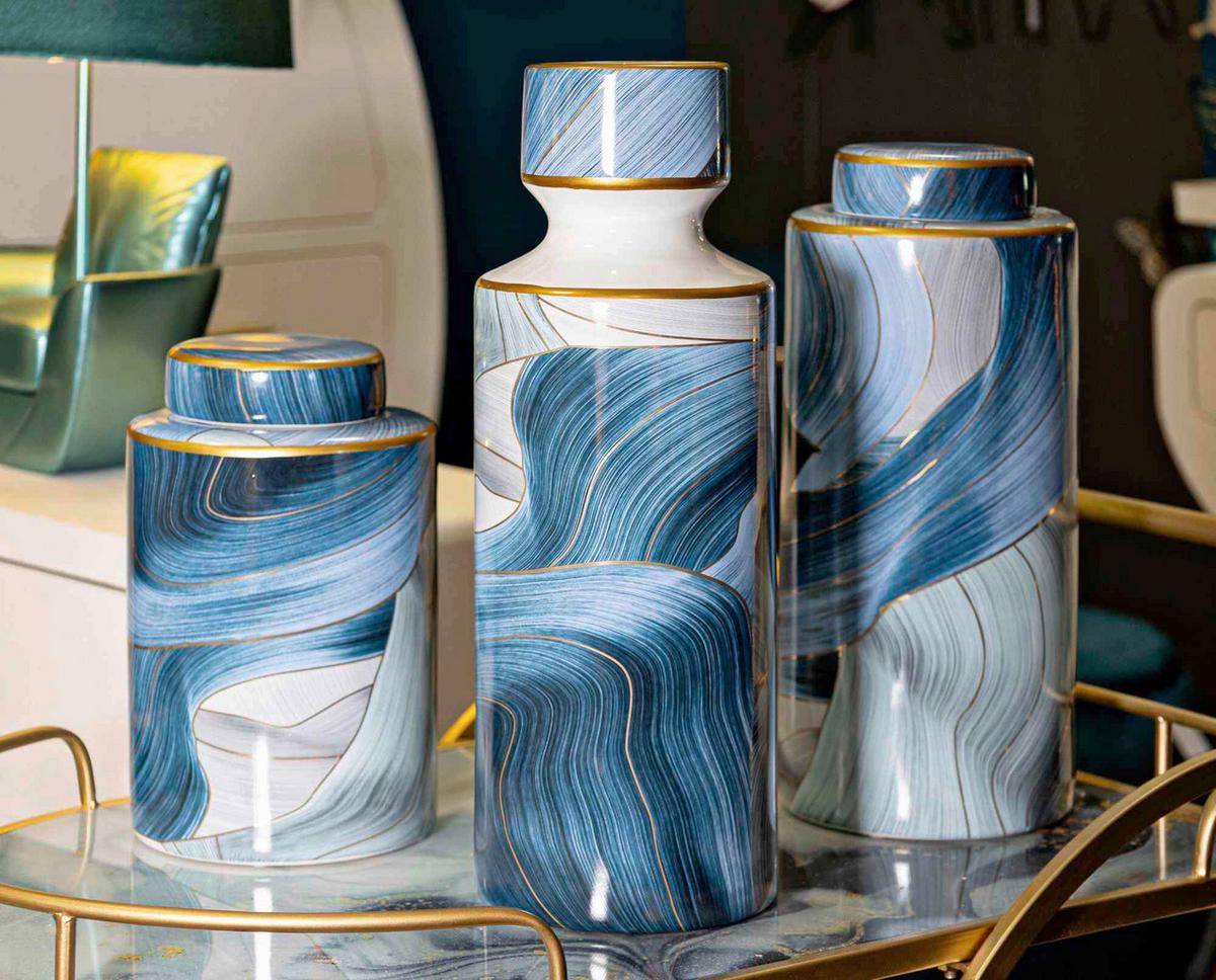 Vase Elegant Blau/Grau/Goldfarben B: 15 cm - Blau/Goldfarben, Basics, Keramik (15/34/15cm)