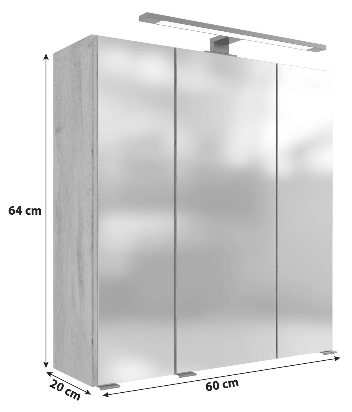 Spiegelschrank Manchester Led 3 Türen 60x64x20 Cm - Eichefarben, MODERN, Glas/Holzwerkstoff (60/64/20cm) - Held